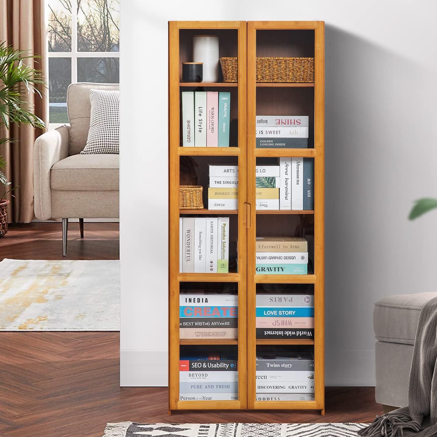 6 Tiers Rayon from Bamboo Storage Bookcase Free Standing With Clear Acrylic Door Display