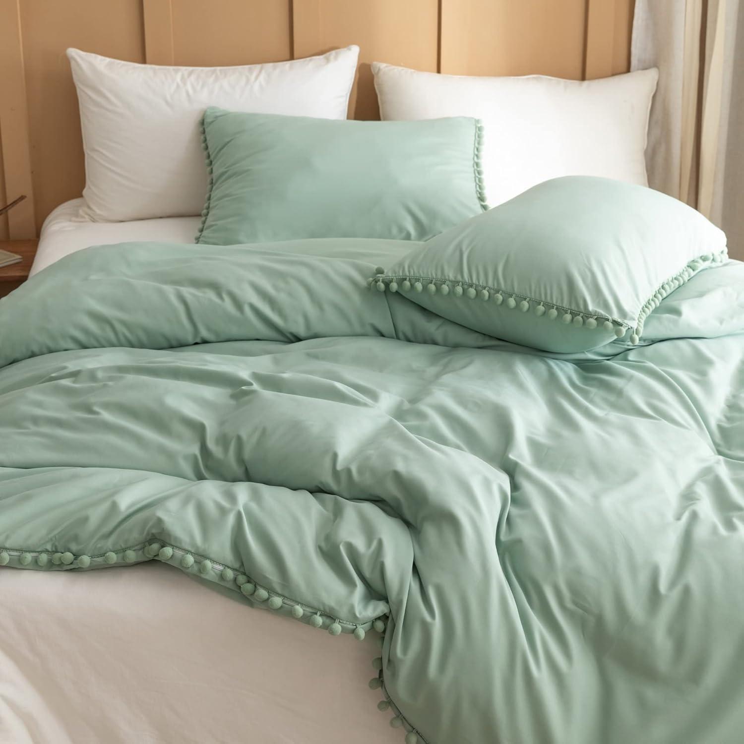 SPRINDAY Queen Comforter Set For Adult, 3 Piece Ruffle Green Comforter Sets All Season