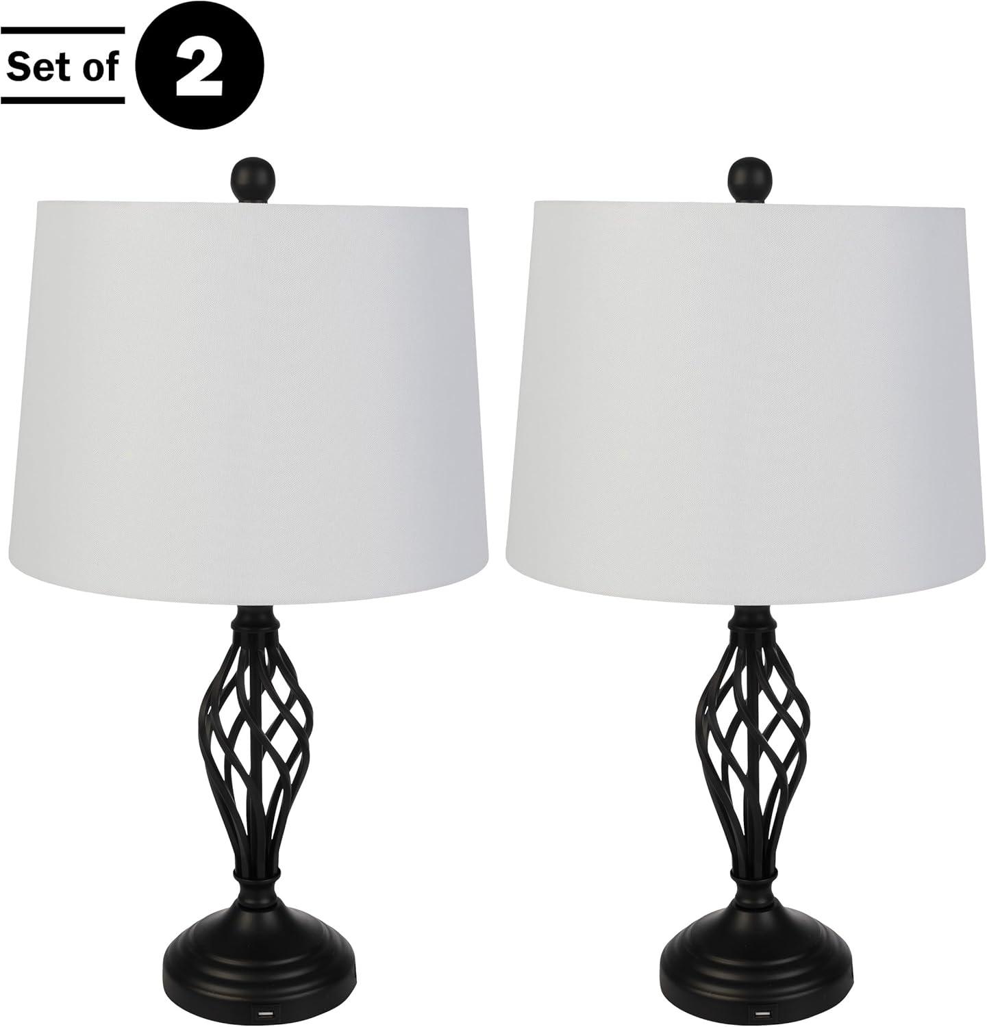 Lavish Home Set of 2 Modern Table Lamps with USB Charging Ports (Black)