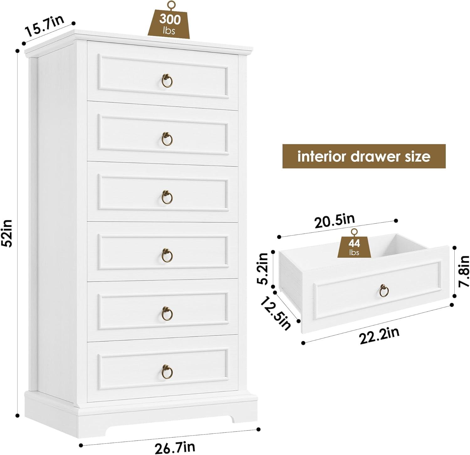 6 Drawer Dresser, 52" Tall Chest of Drawers, Modern Farmhouse Storage Dressers Organizer for Living Room, Hallway, Entryway, Home Office, White