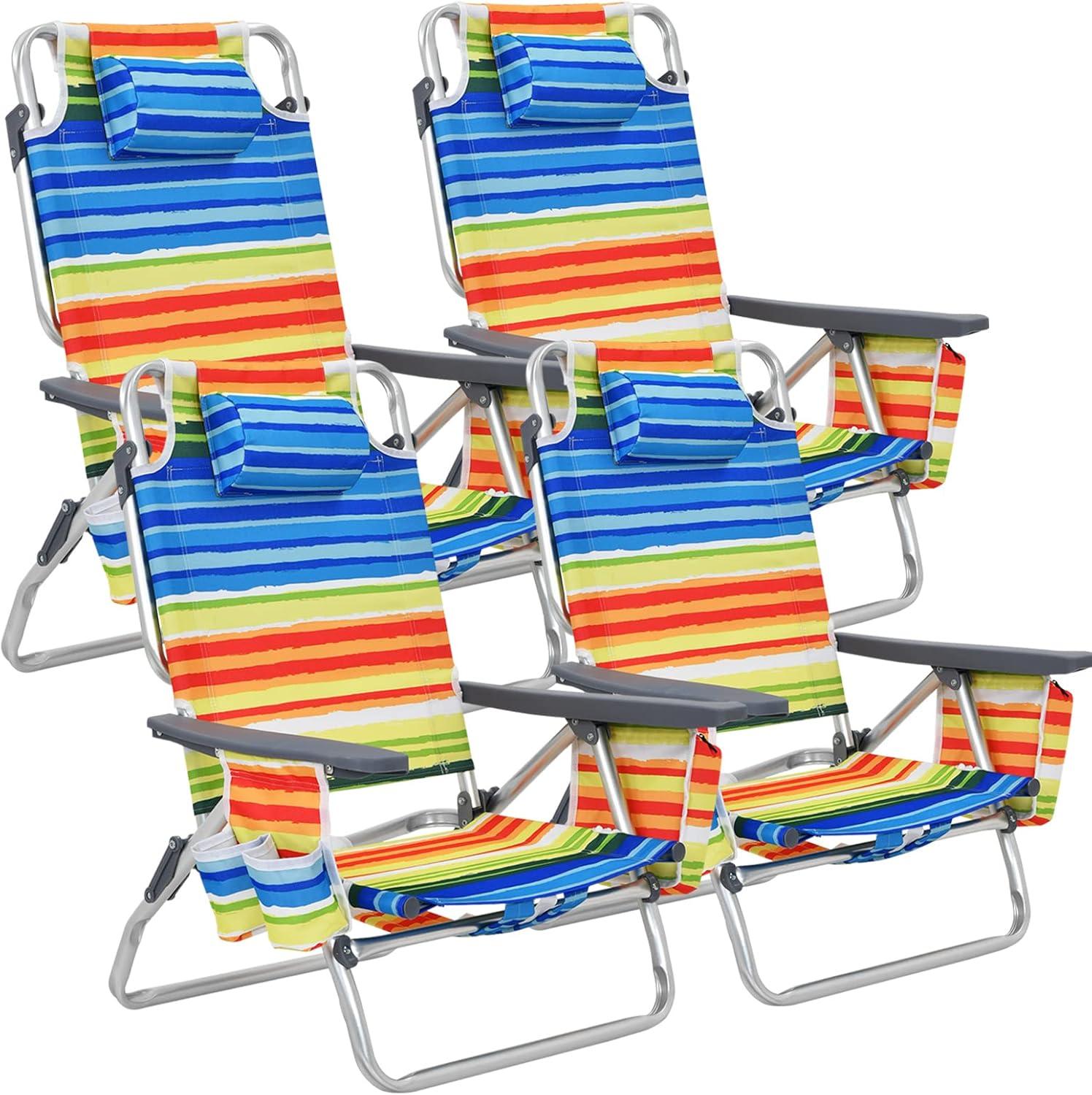 Costway 4-Pack Folding Backpack Beach Chair 5-Position Outdoor Reclining Chairs with Pillow Yellow