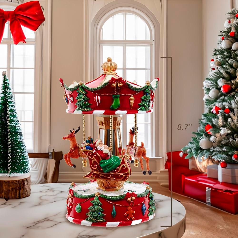 Red Pinewood Musical Wind-Up Christmas Carousel Table Piece