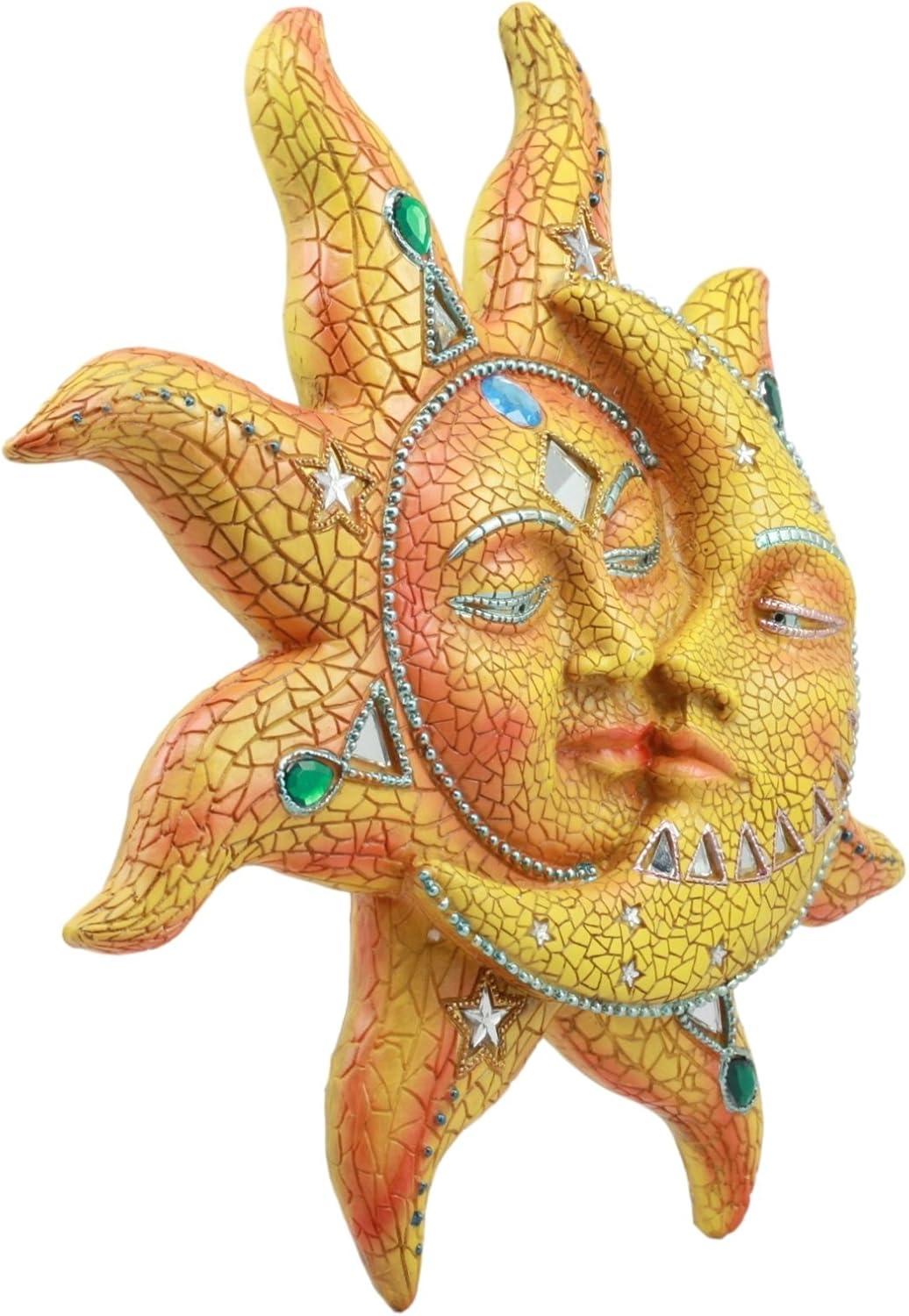 Ebros Cara de Mosaico Naranja Sol con Luna de Mosaico Amarillo, Decoración de Placa de Pared de 13"H