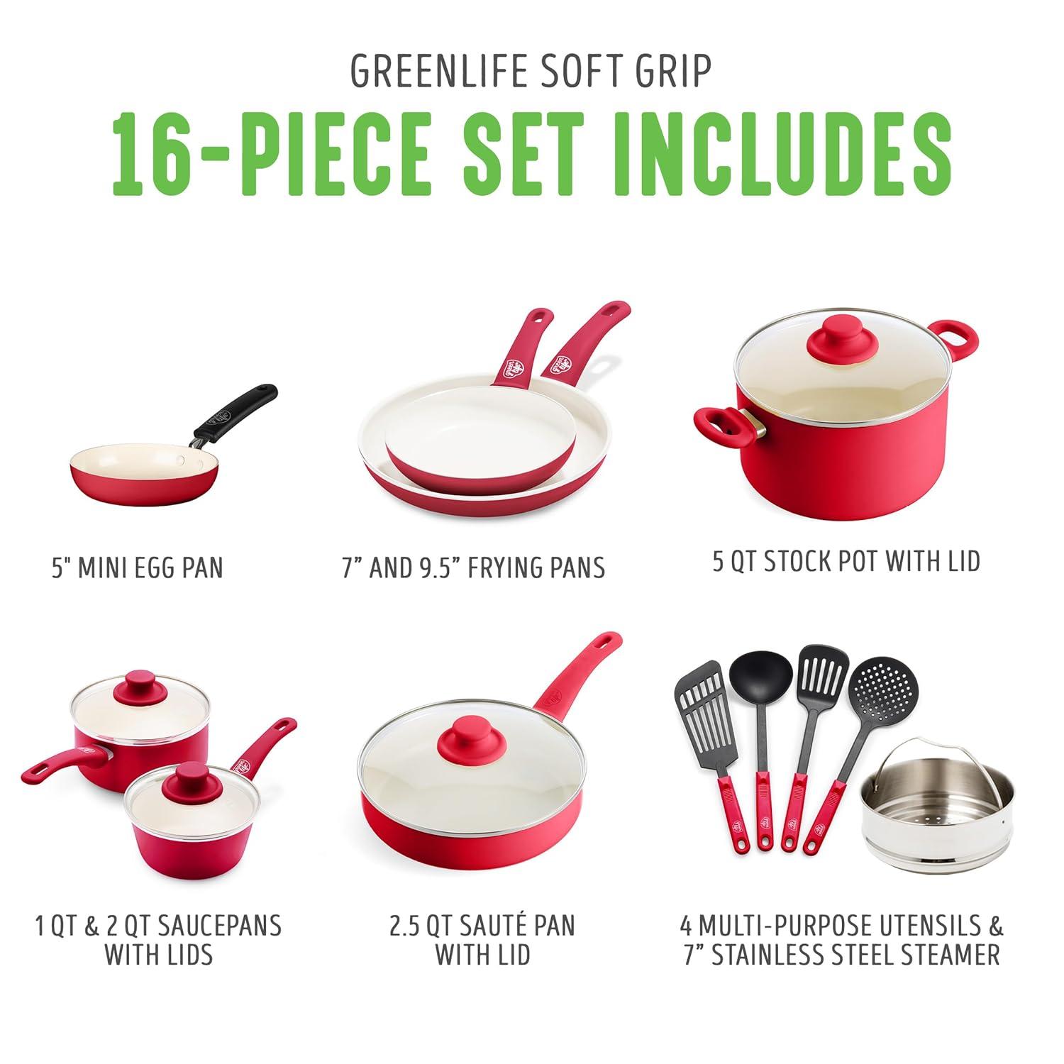 GreenLife 16 Piece Nonstick Cookware Set, Soft Grip Non-Toxic PFAS-Free Ceramic Pots & Pans, Dishwasher & Oven Safe, Frying, Sauce, Saute, Utensils, Glass Lids, Stay-Cool Handles, Wobble Free, Red