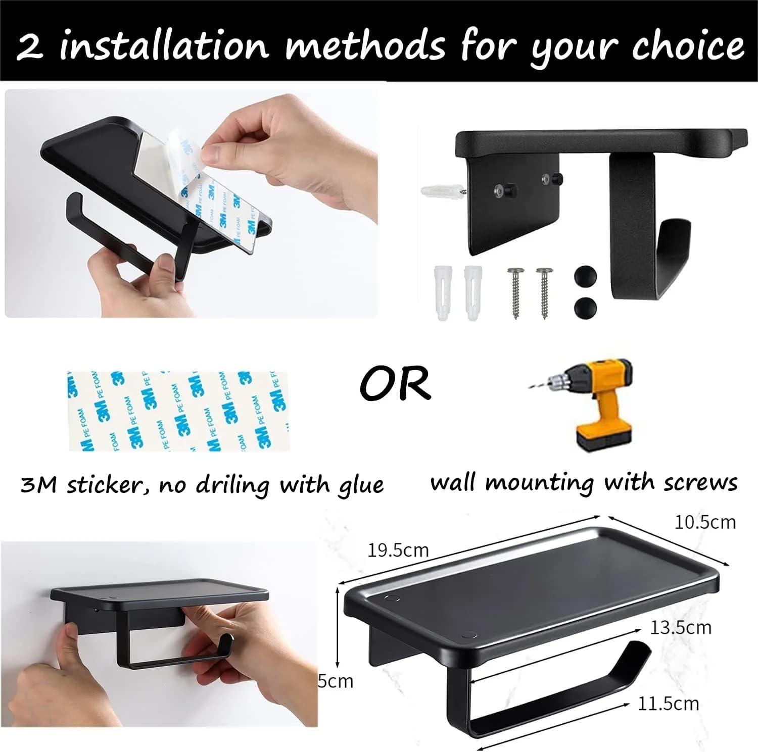 2-Piece Jasni Matte Black Toilet Paper Holder SUS304 Stainless Steel Paper Roll Tissue Holder Toilet Paper Holder with Shelf Self Adhesive Modern Wall Mounted for Bathroom & Kitchen Square Style