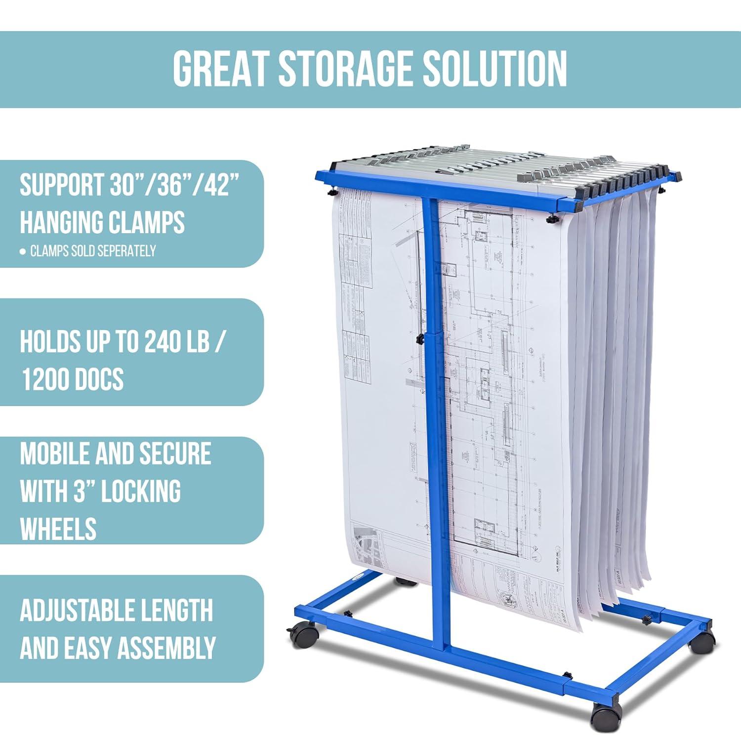 Adjustable Blue Solid Steel Mobile Blueprint Rack with Casters
