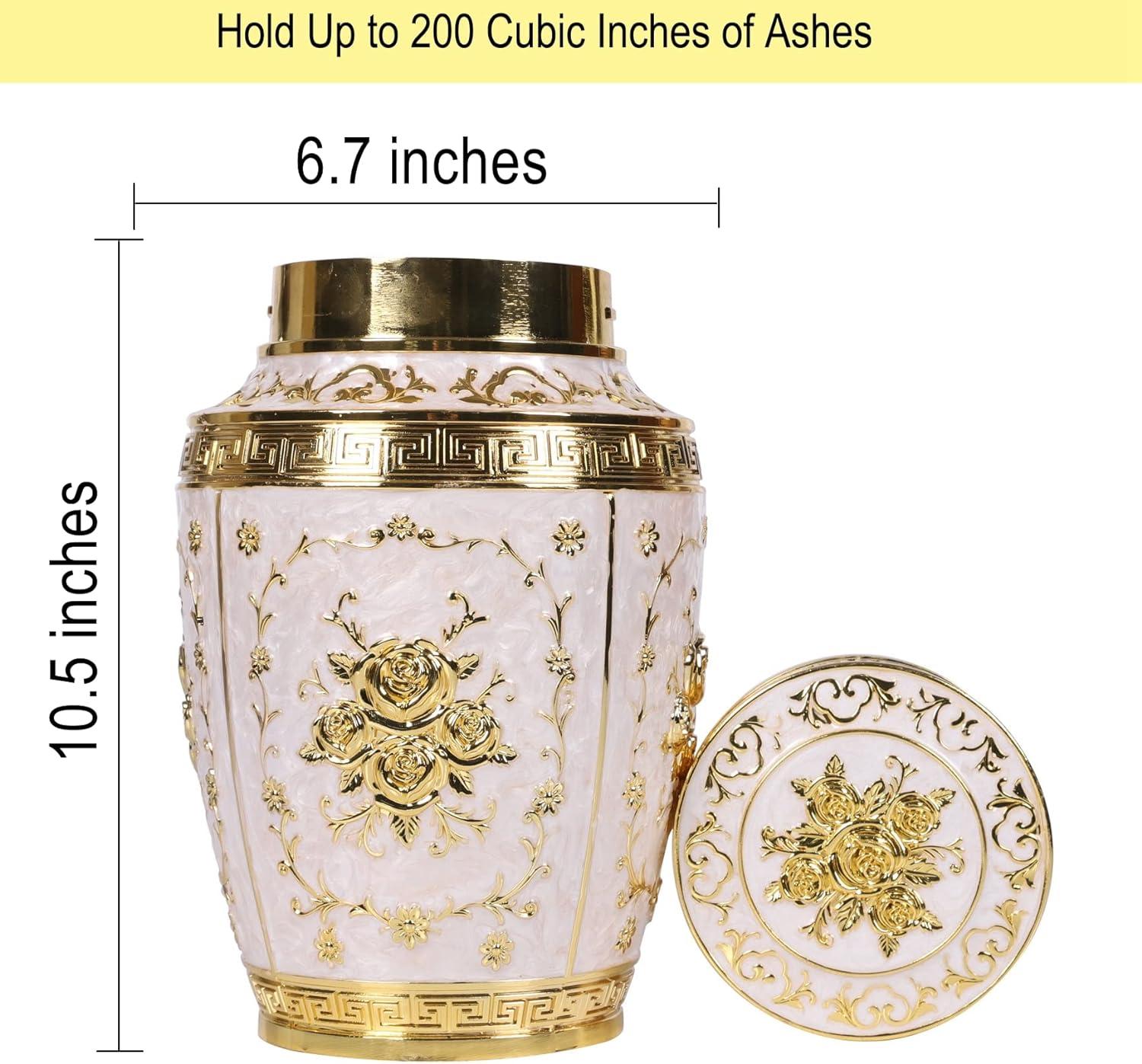 Large Gold and White Rose Flower Metal Urn