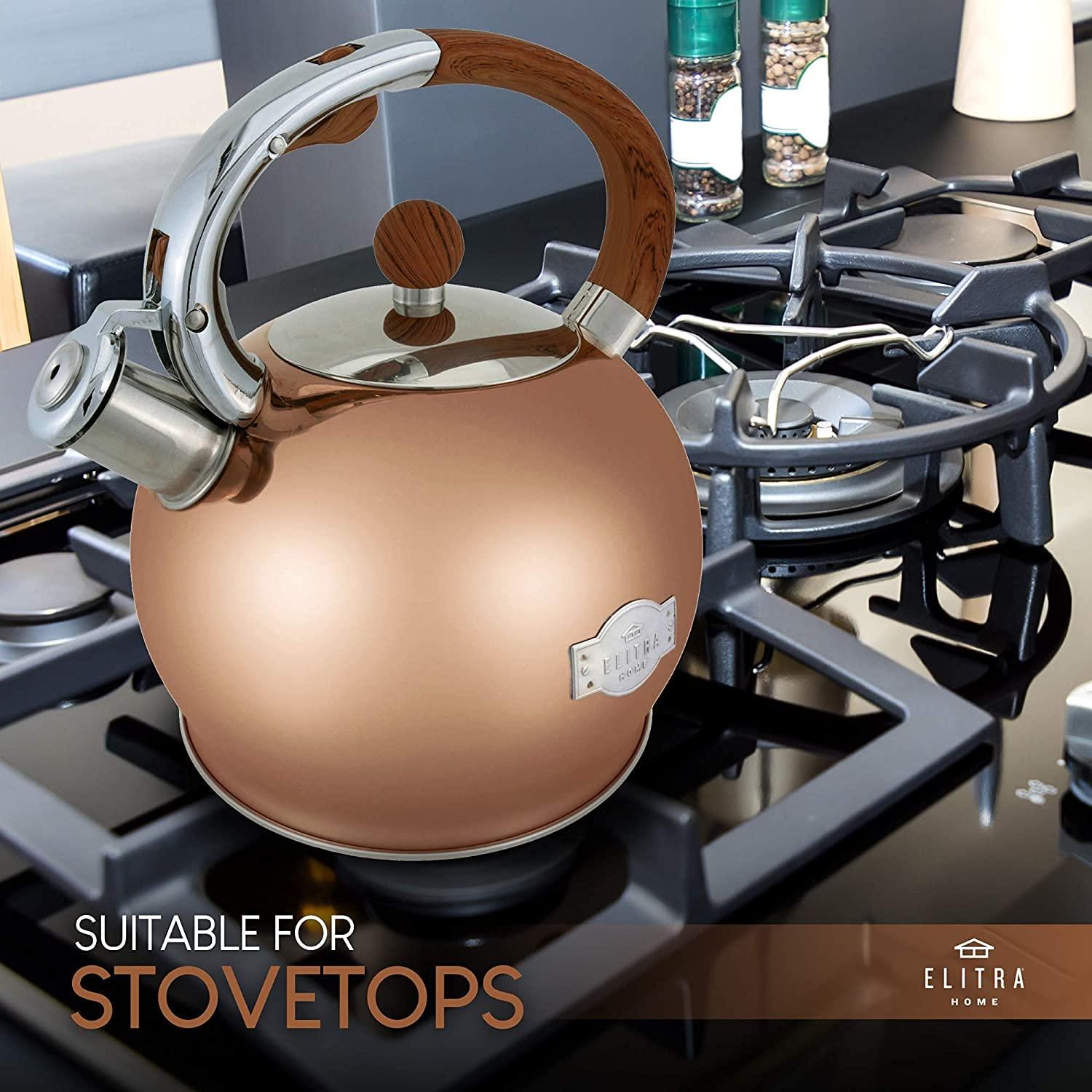 Elitra Stove Top Whistling Fancy Kettle - Stainless Steel Tea Pot with Ergonomic Handle - 2.7 Qt / 2.6 L - Rose Gold