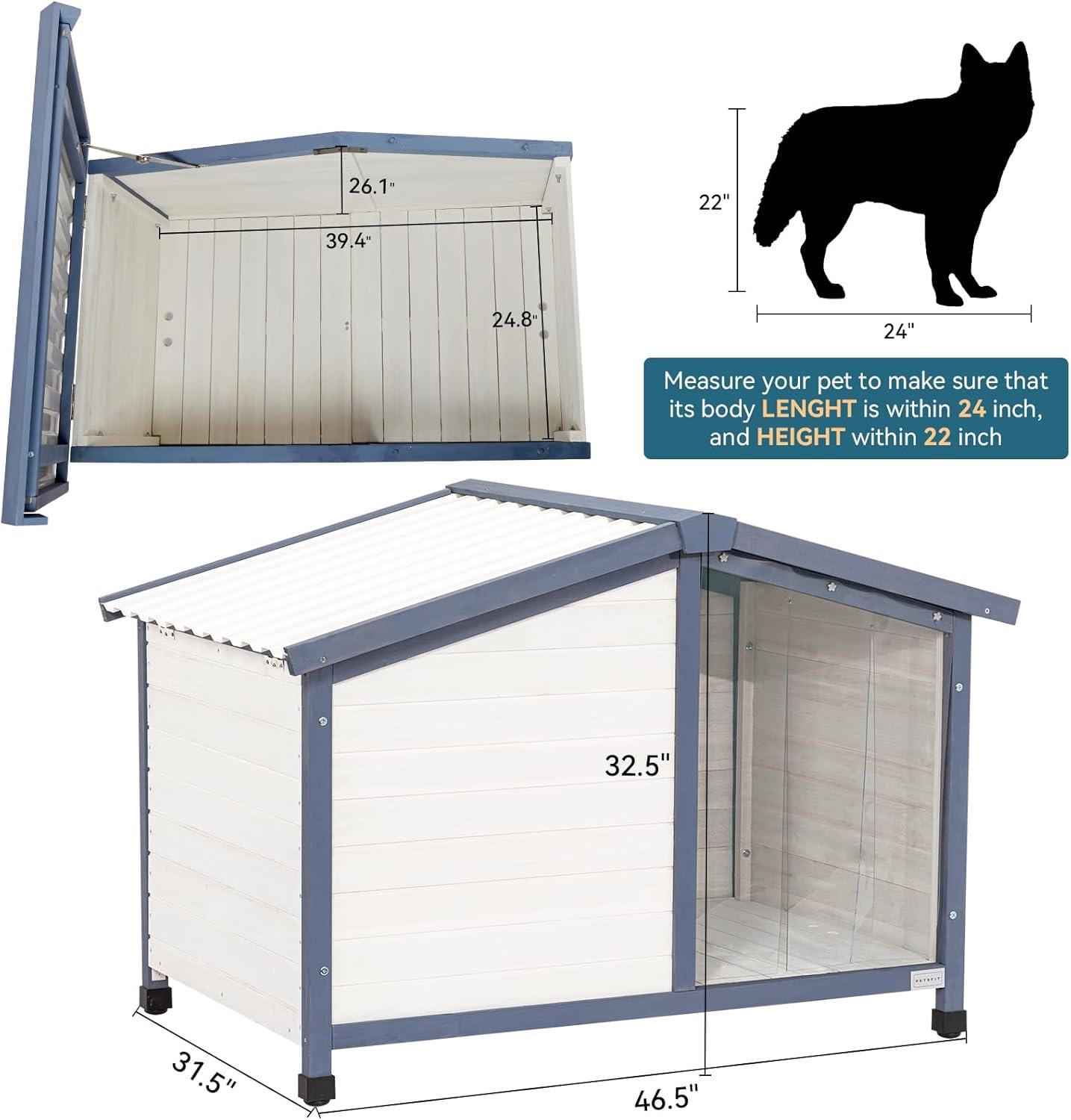 Large White and Blue Wooden Outdoor Dog House with PVC Roof