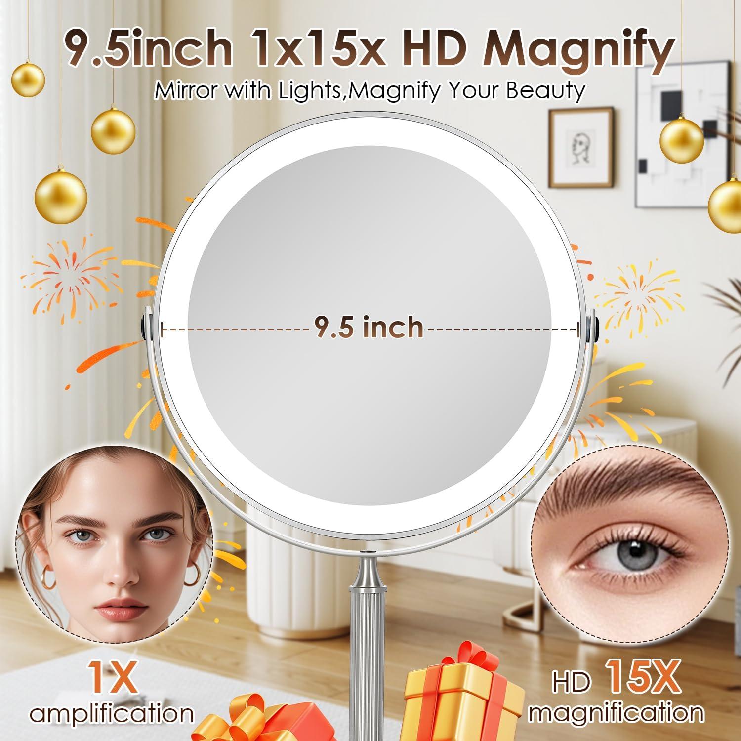 Nickel 9.5" Double-Sided Lighted Makeup Mirror with 15X Magnification