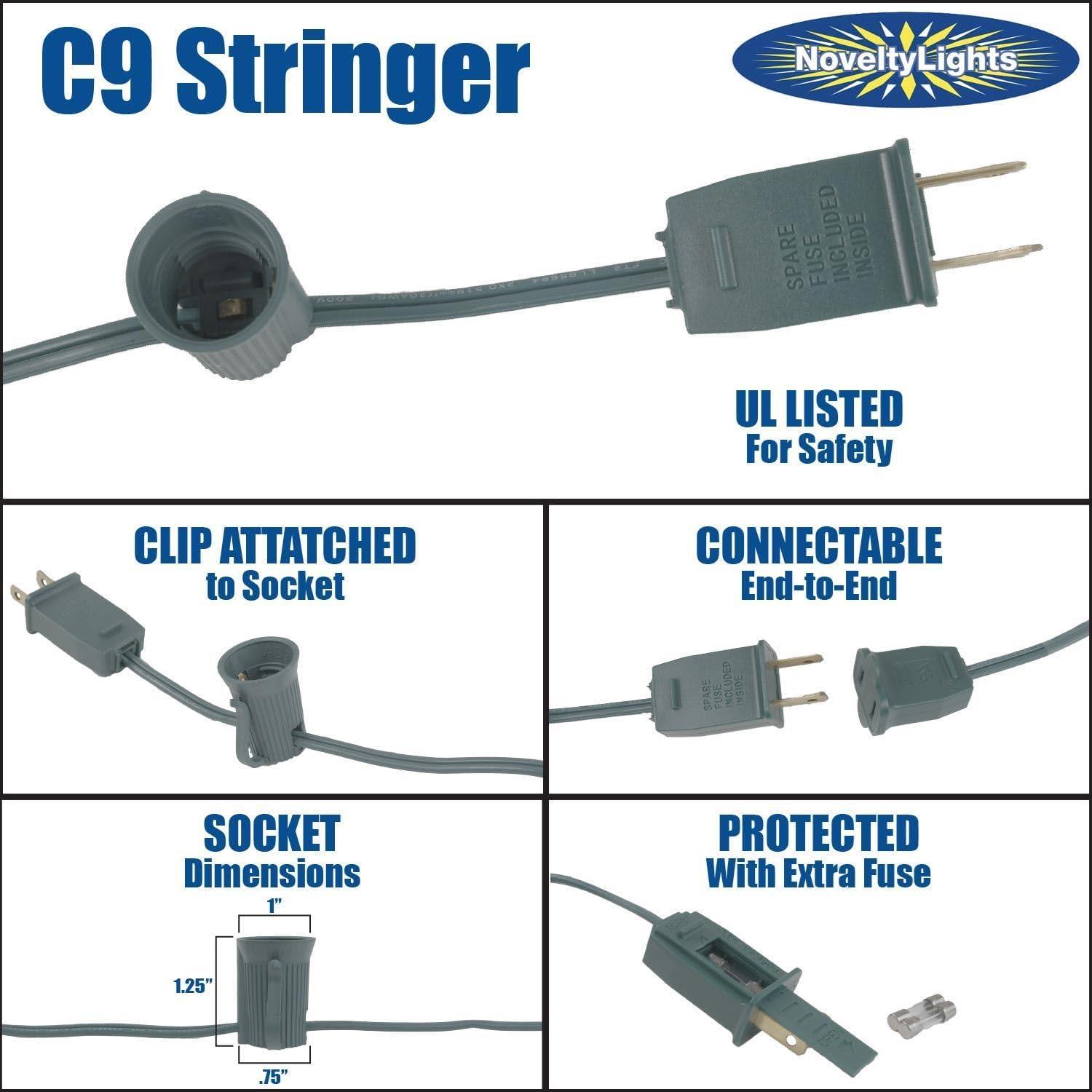 Novelty Lights 25 Feet C9/E17 Intermediate Base Christmas Stringer, Vintage Holiday Hanging Light String, 12" Spacing, SPT-1 20 Gauge Brown Wire