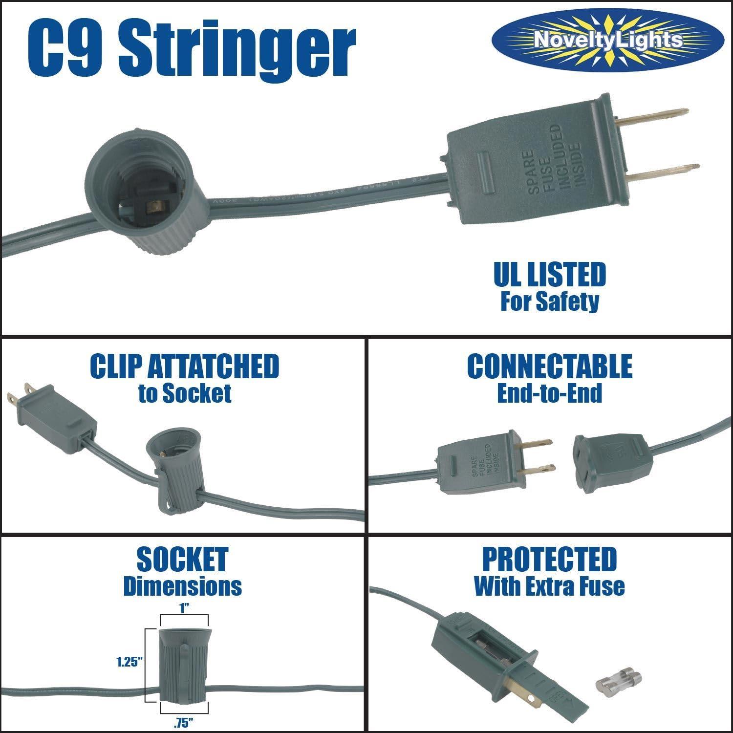 Novelty Lights 25 Feet C9/E17 Intermediate Base Christmas Stringer, Vintage Holiday Hanging Light String, 12" Spacing, SPT-1 20 Gauge Brown Wire