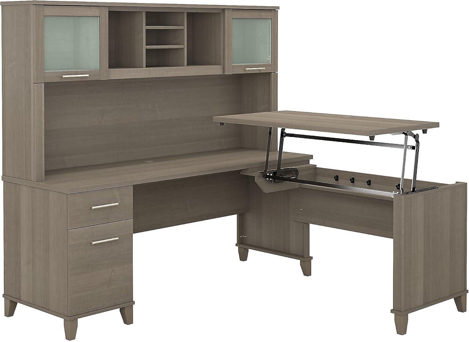 Bush Furniture Somerset 72W Sit to Stand L Desk with Hutch in Hansen Cherry