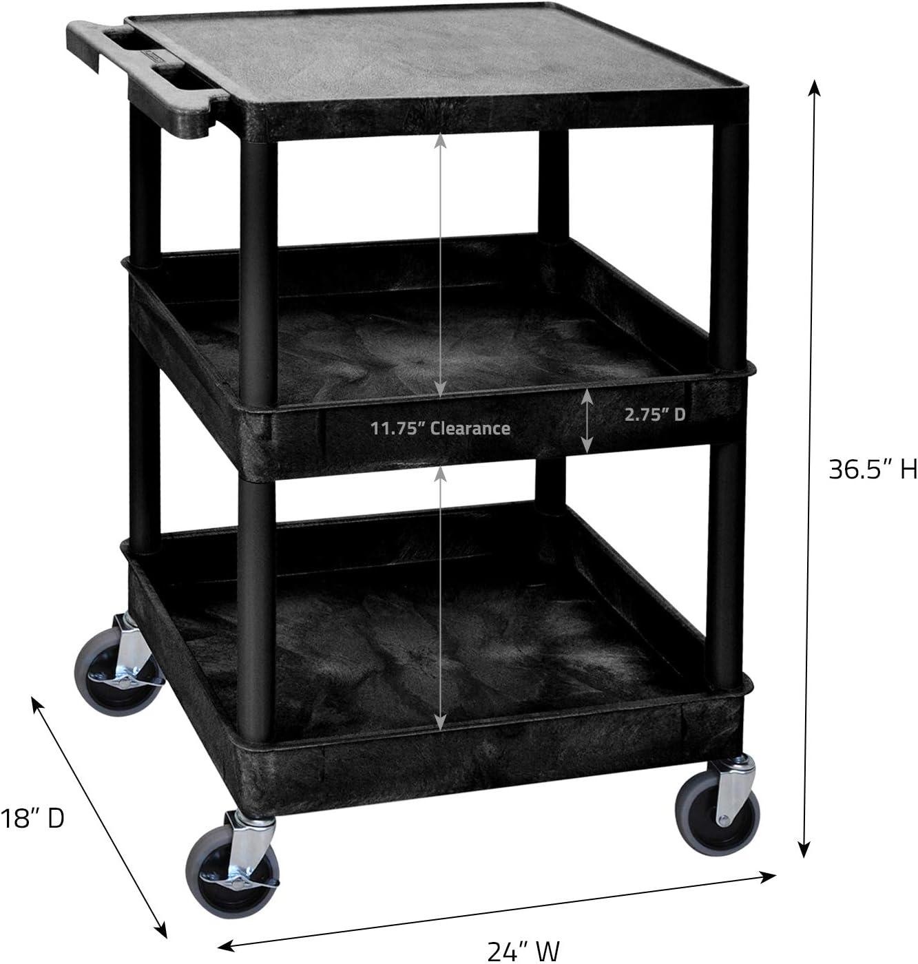 Black High-Density Polyethylene 3-Shelf Utility Cart with Raised Ledges