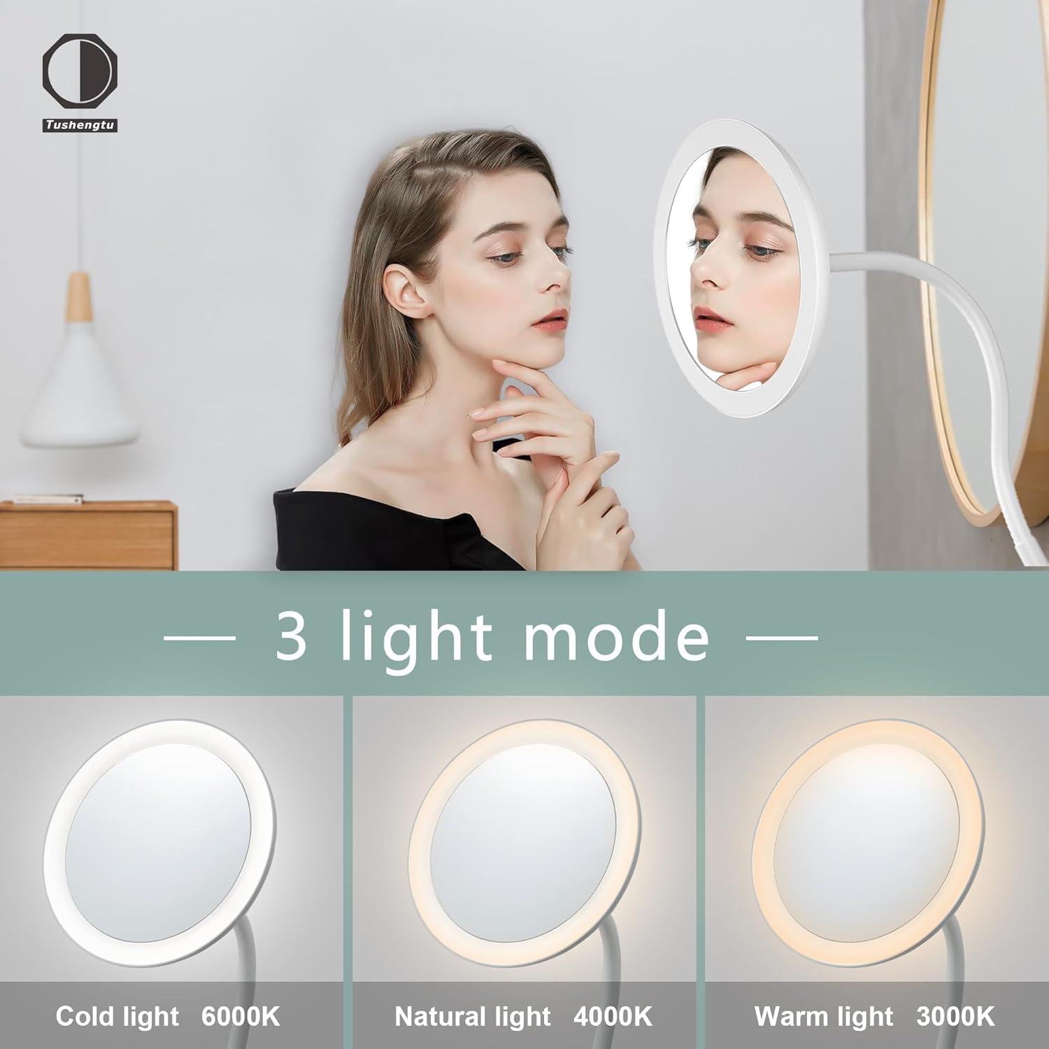 TUSHENGTU 6.5" White Swan-Neck Clamp Mirror , LED Vanity Mirror , USB Charging,360° Rotation