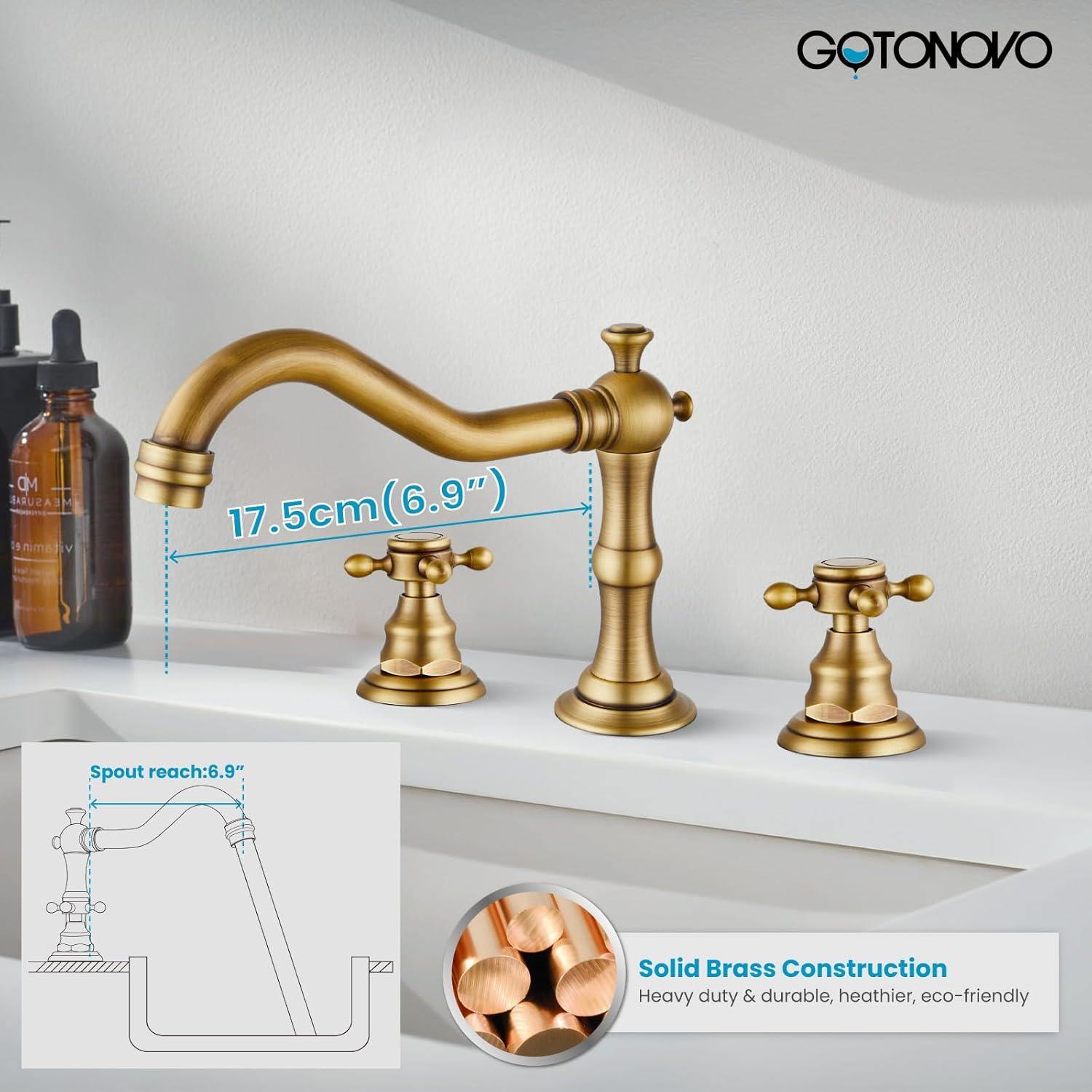 gotonovo Bathroom Faucet 3 Hole 8 Inch Widespread Bathroom Sink Faucet 2 Cross Handles Vintage Lavatory Vanity Mixer Tap with Pop Up Drain, H C Label, Antique Brass