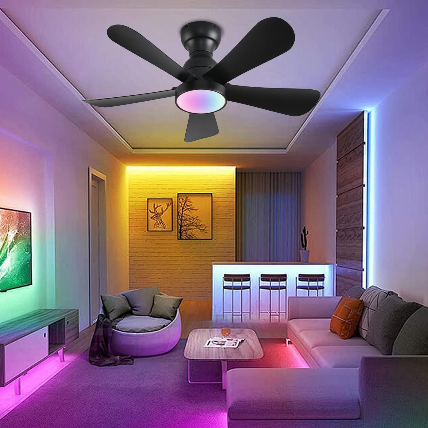 36inch Ceiling Fans with Lights and Remote/App Control, Flush Mount Ceiling Fan with Reversible Dc Motor RGB Dimmable Light, Noiseless Black Modern Small Ceiling Fan for Bedroom Indoor/Outdoor