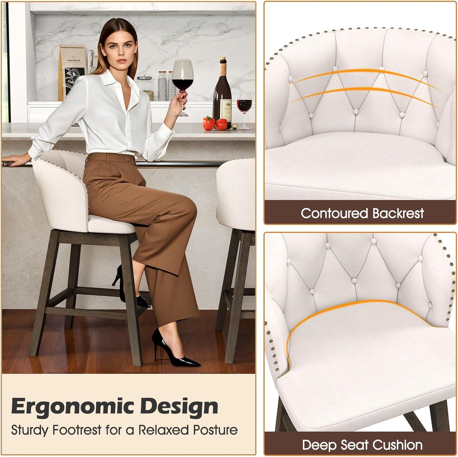 Costway 2 PCS Counter Height Bar Stools Fabric Upholstered Island Stools with 360° Swivel Seat Beige
