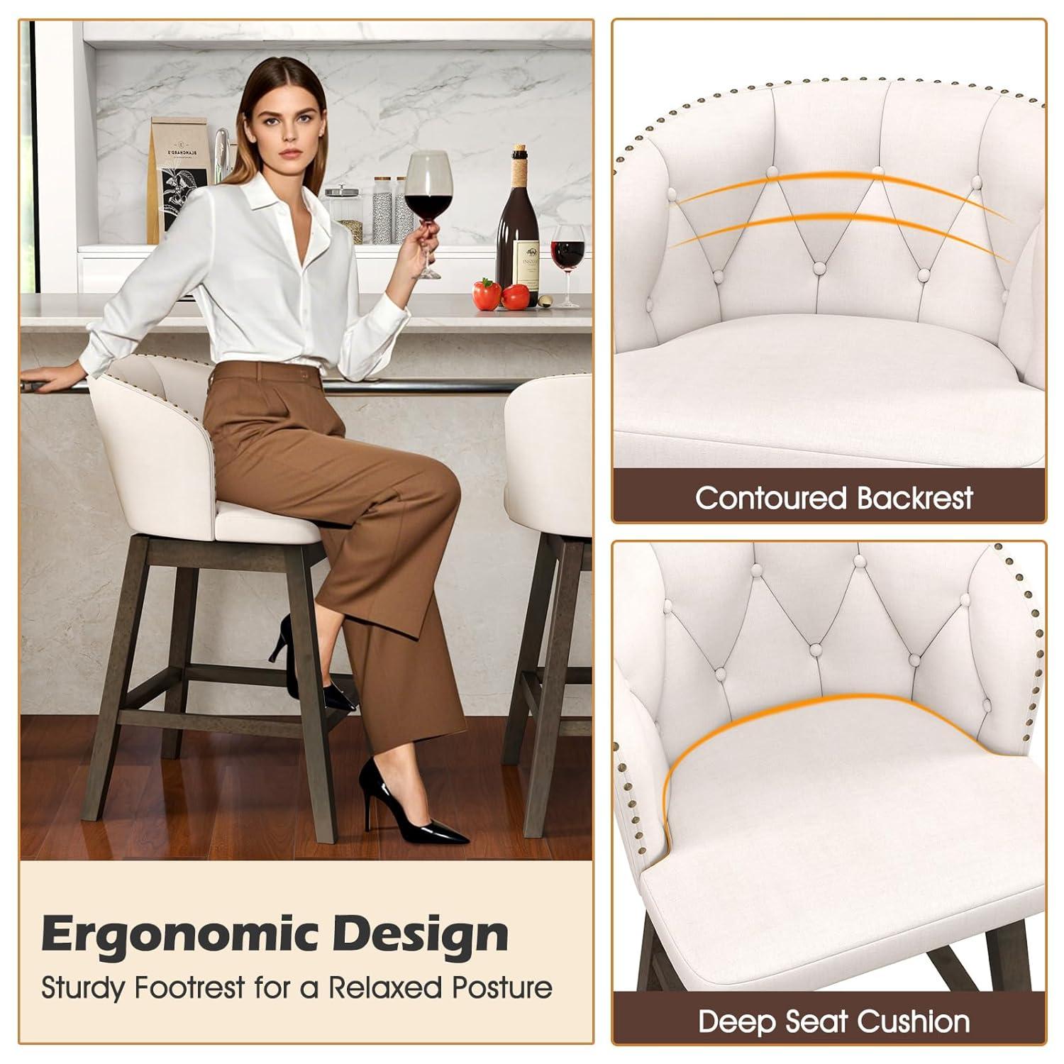 Barara King Bar Stools, Counter Bar Stools,Counter Height Fabric Upholstered Bar Stools Set of 2-Beige