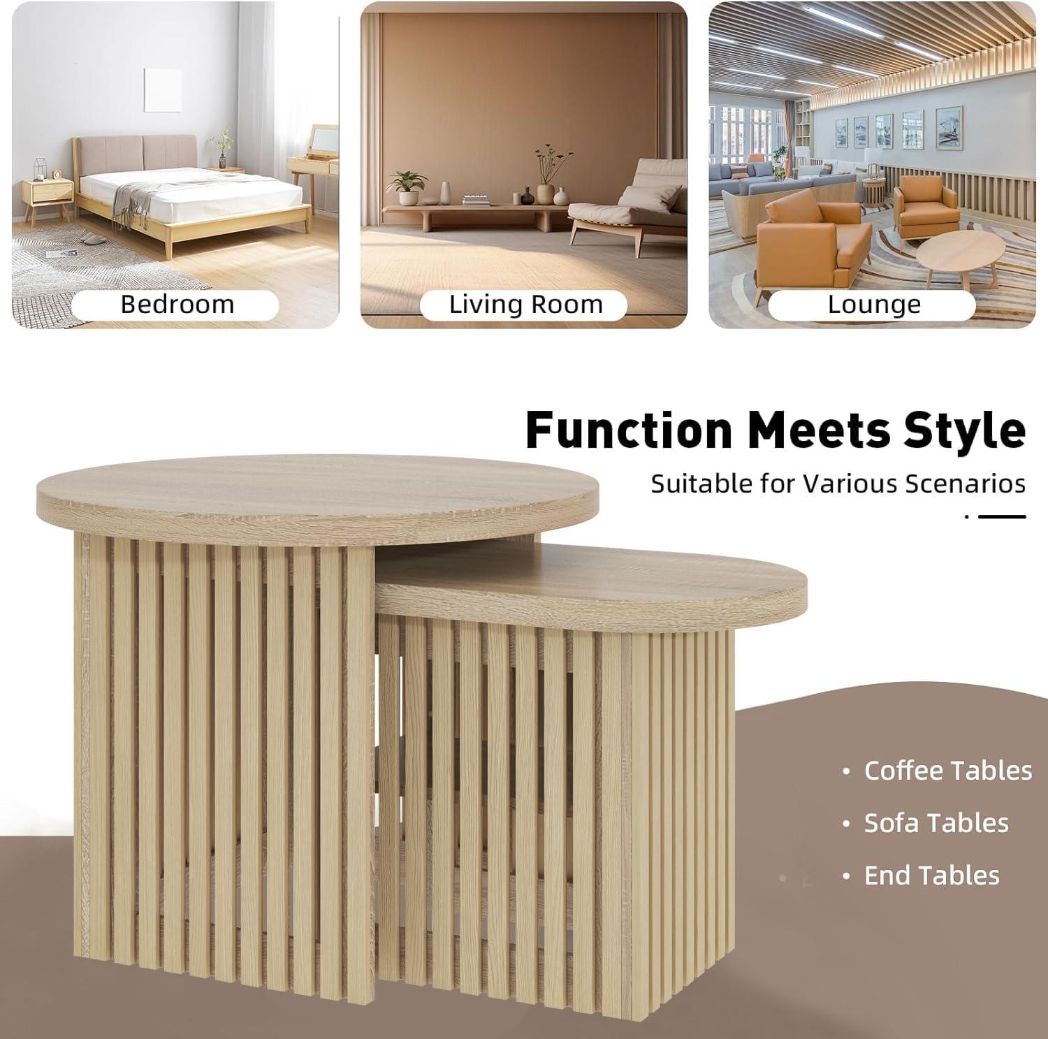 Natural Wood Round Nesting Coffee Table Set with Fluted Panels