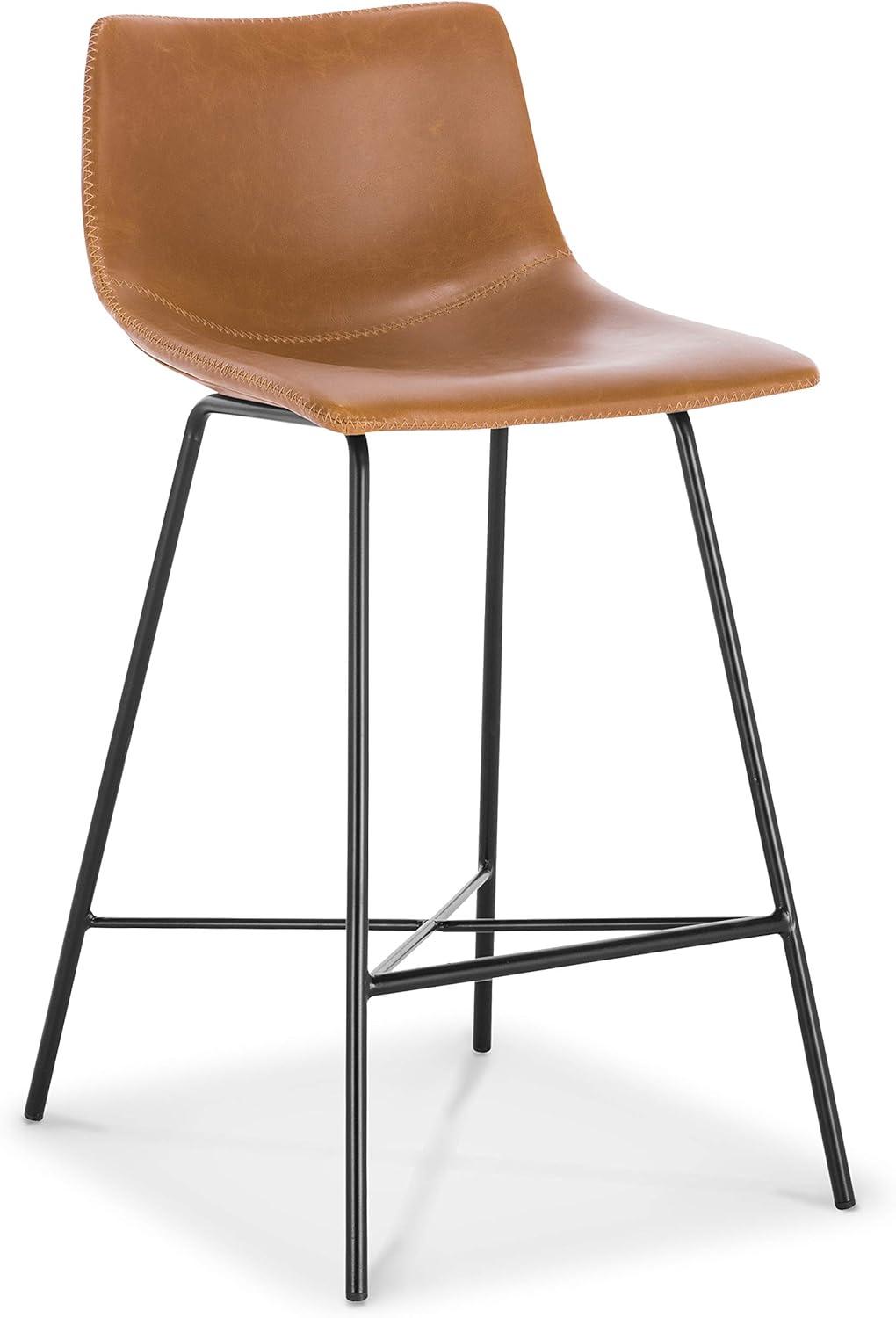 Tan Leather Saddle Style Counter Stool with Black Metal Frame, Set of 2