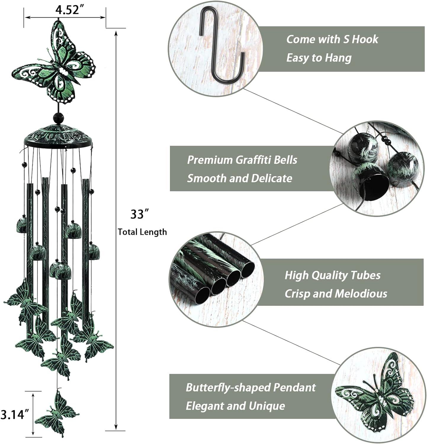 33" Dark Green Aluminum Butterfly Wind Chimes with Bells