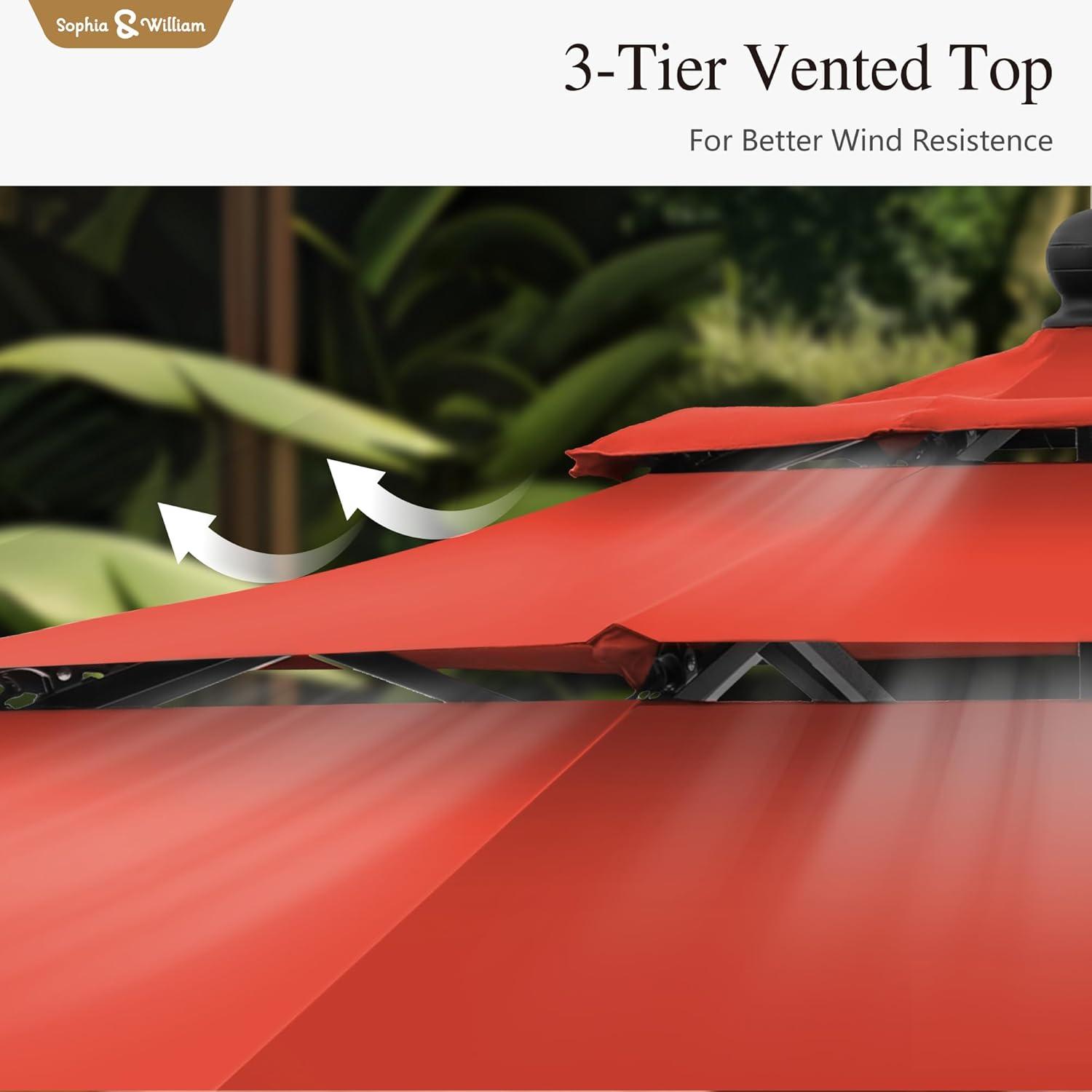 10ft Orange Red Polyester 3-Tier Vented Patio Umbrella with Auto-Tilt