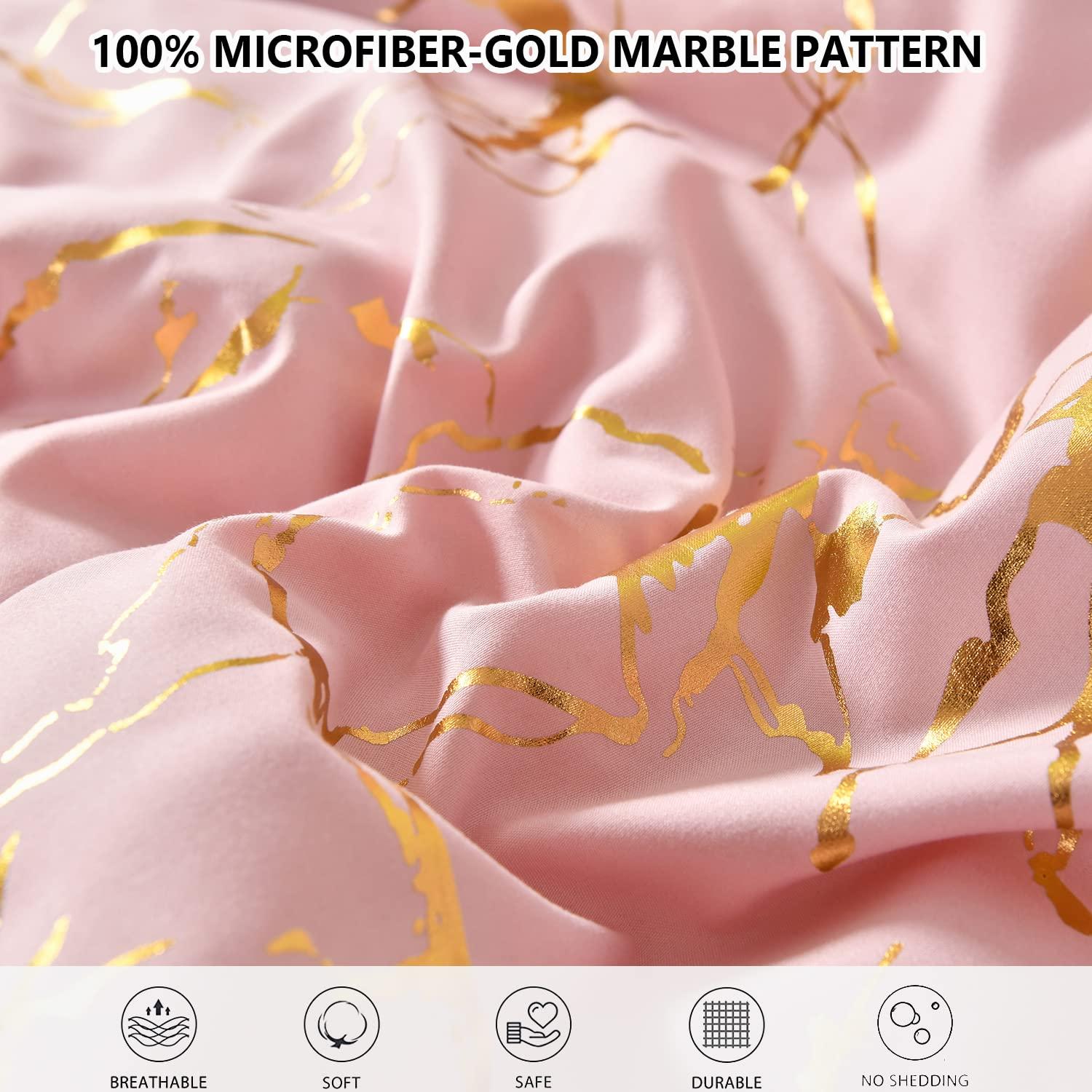 Yogeneg Gold Metallic Marble Comforter Set Queen Size,7 Piece Bed in a Bag,Foil Print Glitter Pink Comforter and Sheet Set,All Season Soft Microfiber Complete Bedding Sets(Pink,Queen)