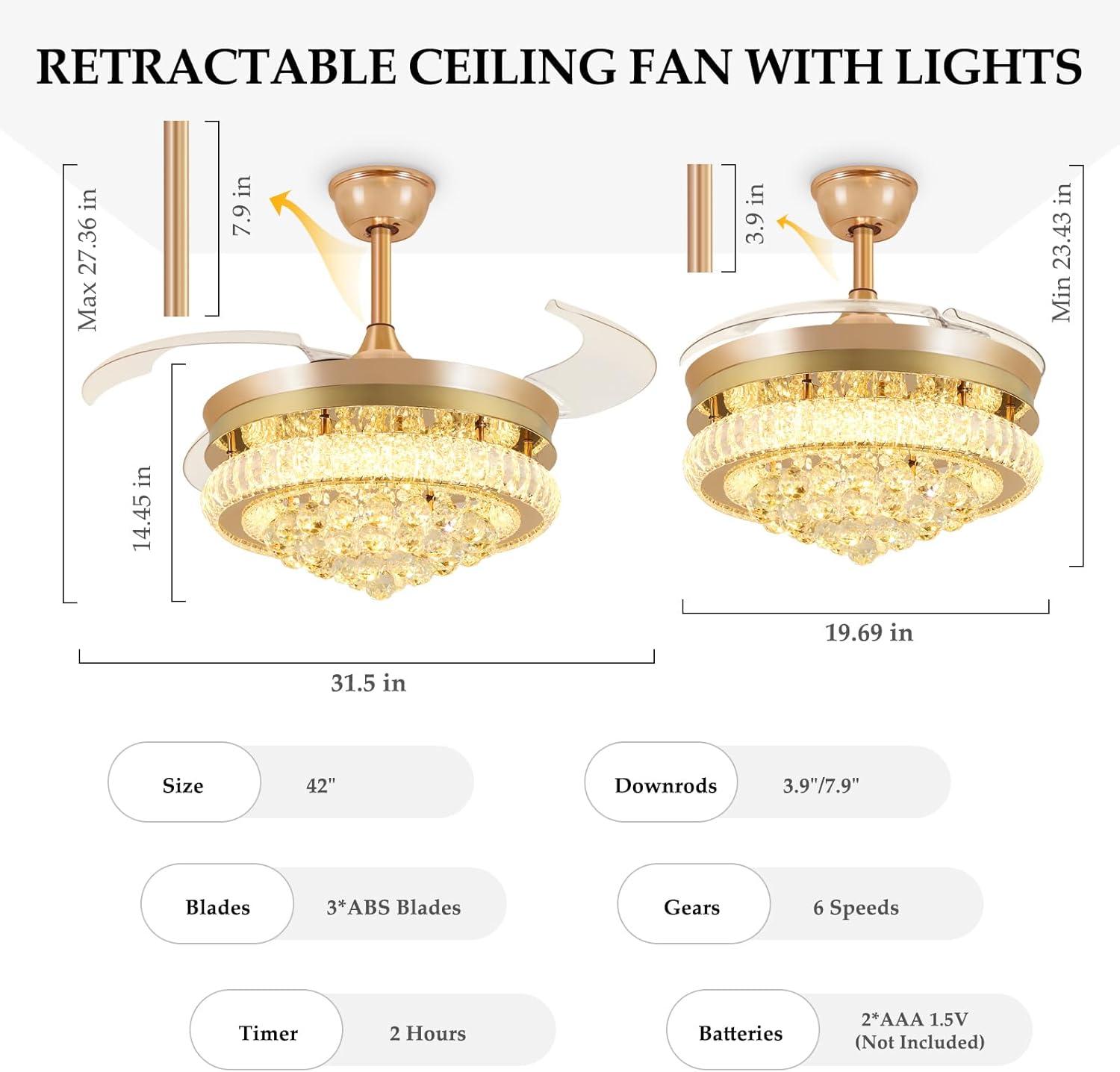 HOOMEDELIER 42" Chandelier Ceiling Fan with Remote, Crystal Beads Framed Fan with 4 Retractable Blades Smart Indoor Fandelier Fan