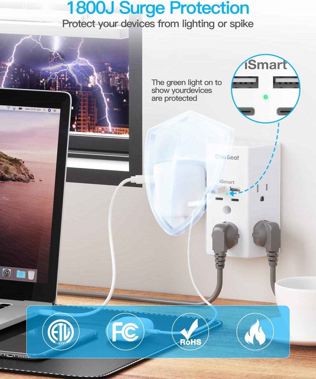 White 3-Sided Wall Tap Surge Protector with USB Ports