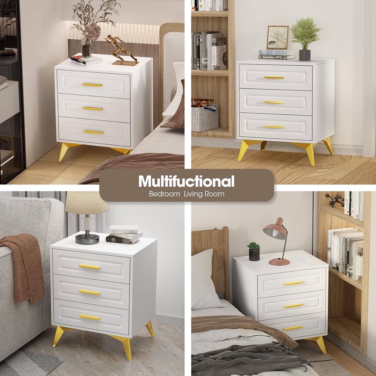 White and Gold 3-Drawer MDF Nightstand with Metal Legs