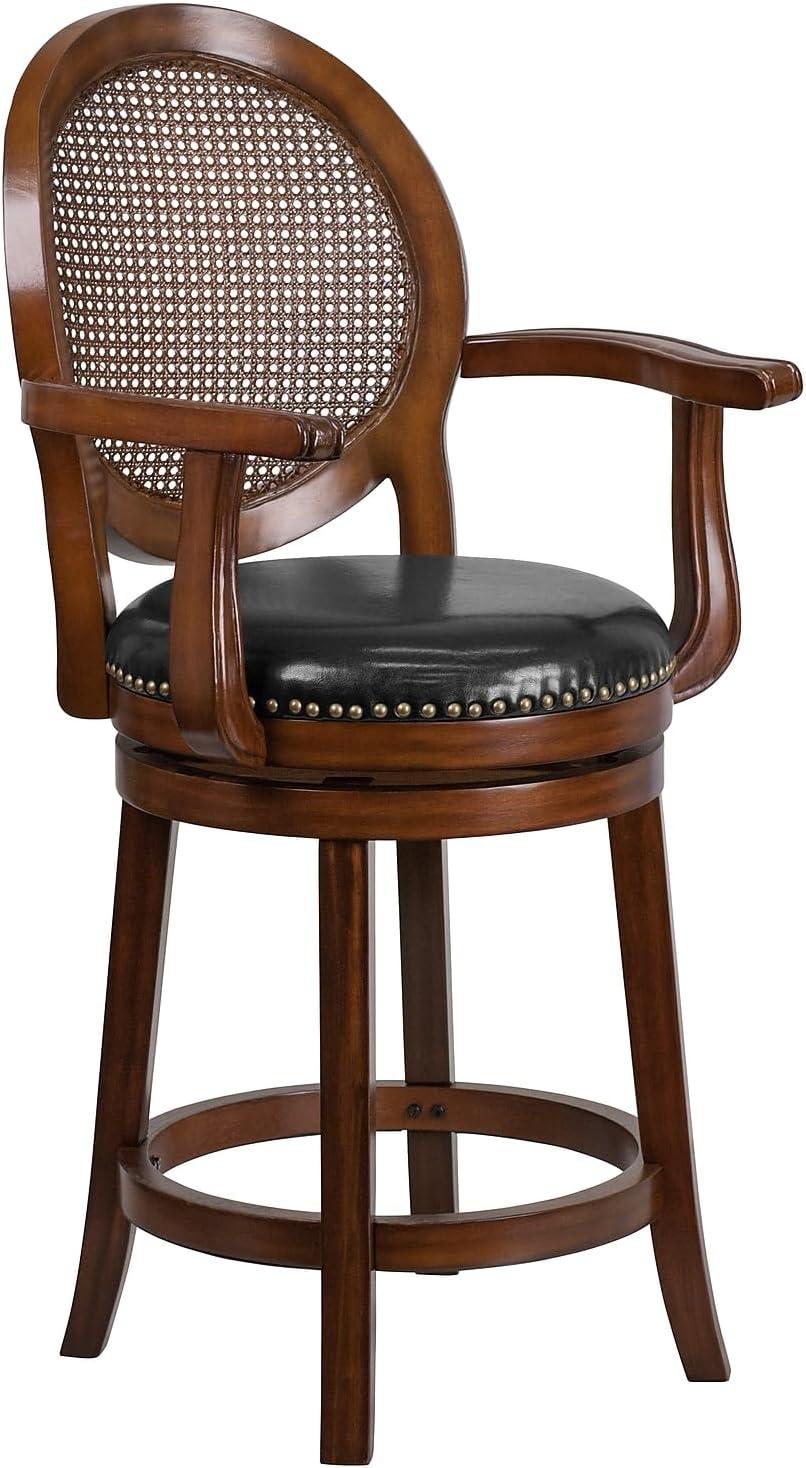 Flash Furniture 26'' High Expresso Wood Counter Height Stool with Arms, Woven Rattan Back and Black LeatherSoft Swivel Seat