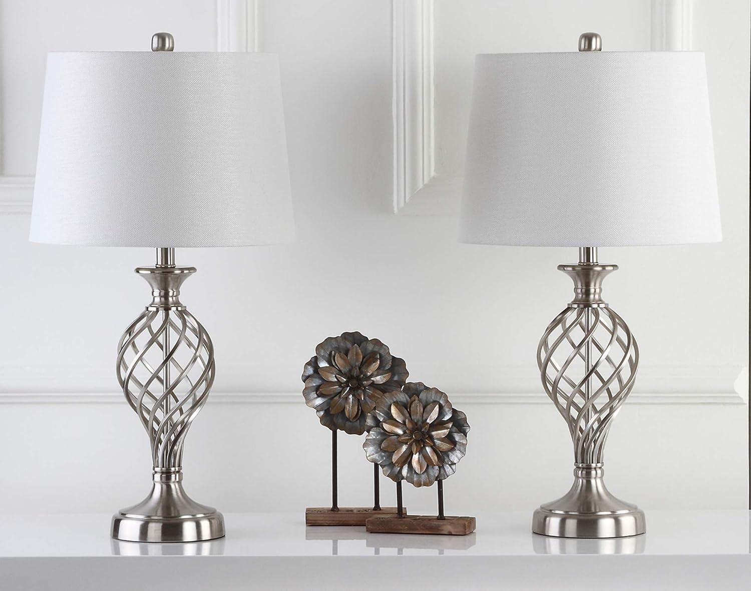 SAFAVIEH Lattice 26.75 in. H Solid Urn Table Lamp, Nickel, Set of 2