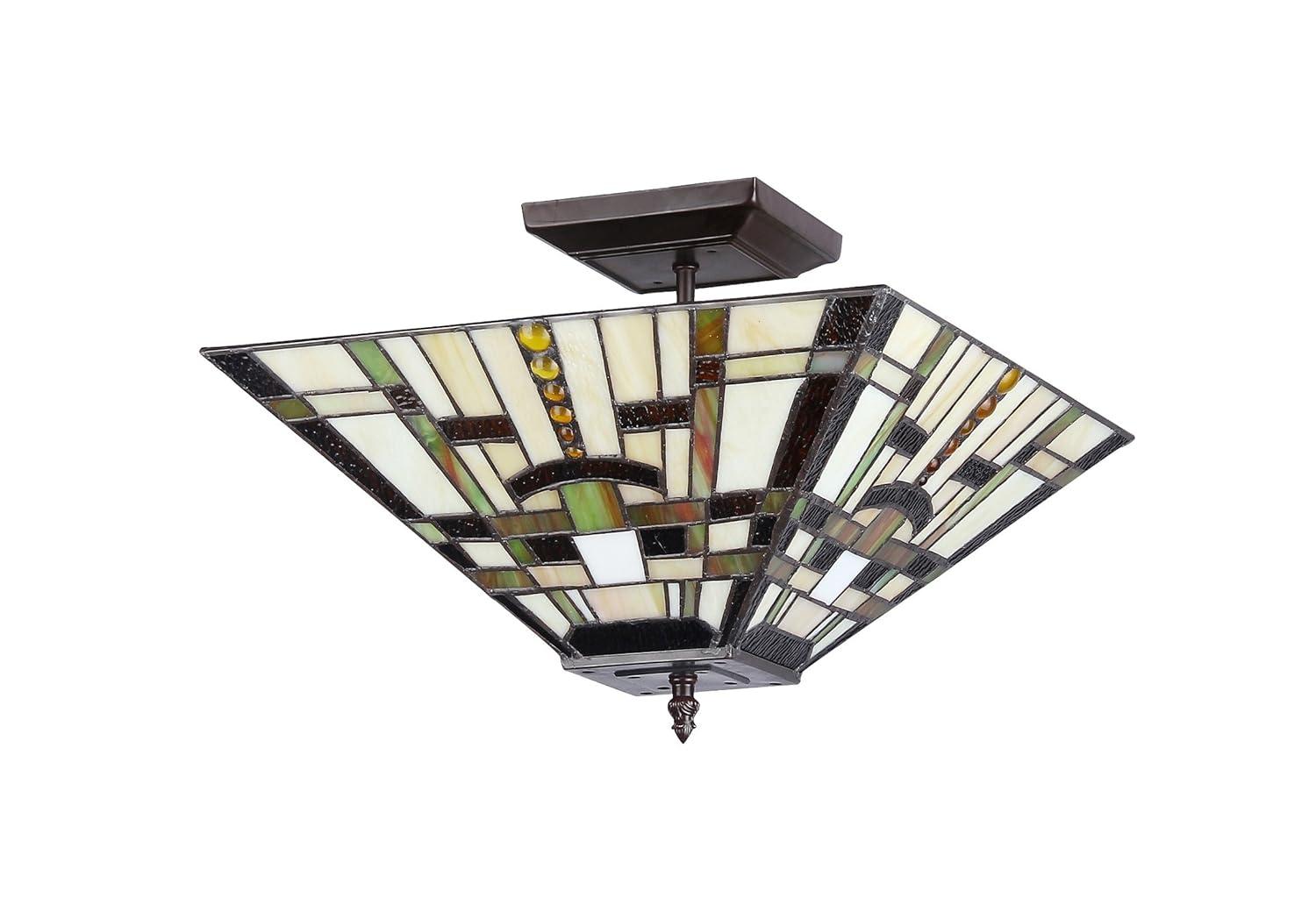 Chloe Lighting Farley Tiffany-Style Mission 2 Light Semi-Flush Ceiling Fixture 14" Shade