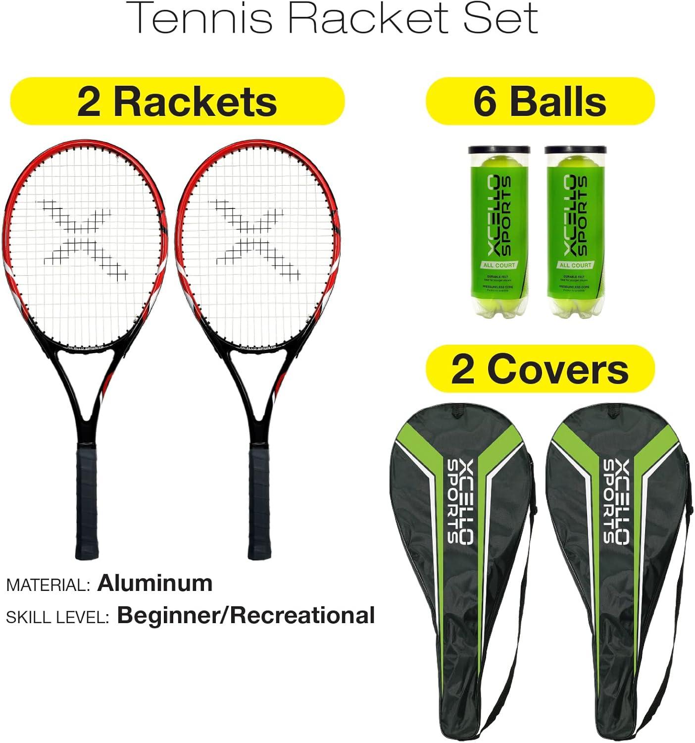 Excello Global Products Xcello Sports Aluminum Racket Set with 2 Tubes of Tennis Balls and 2 Covers