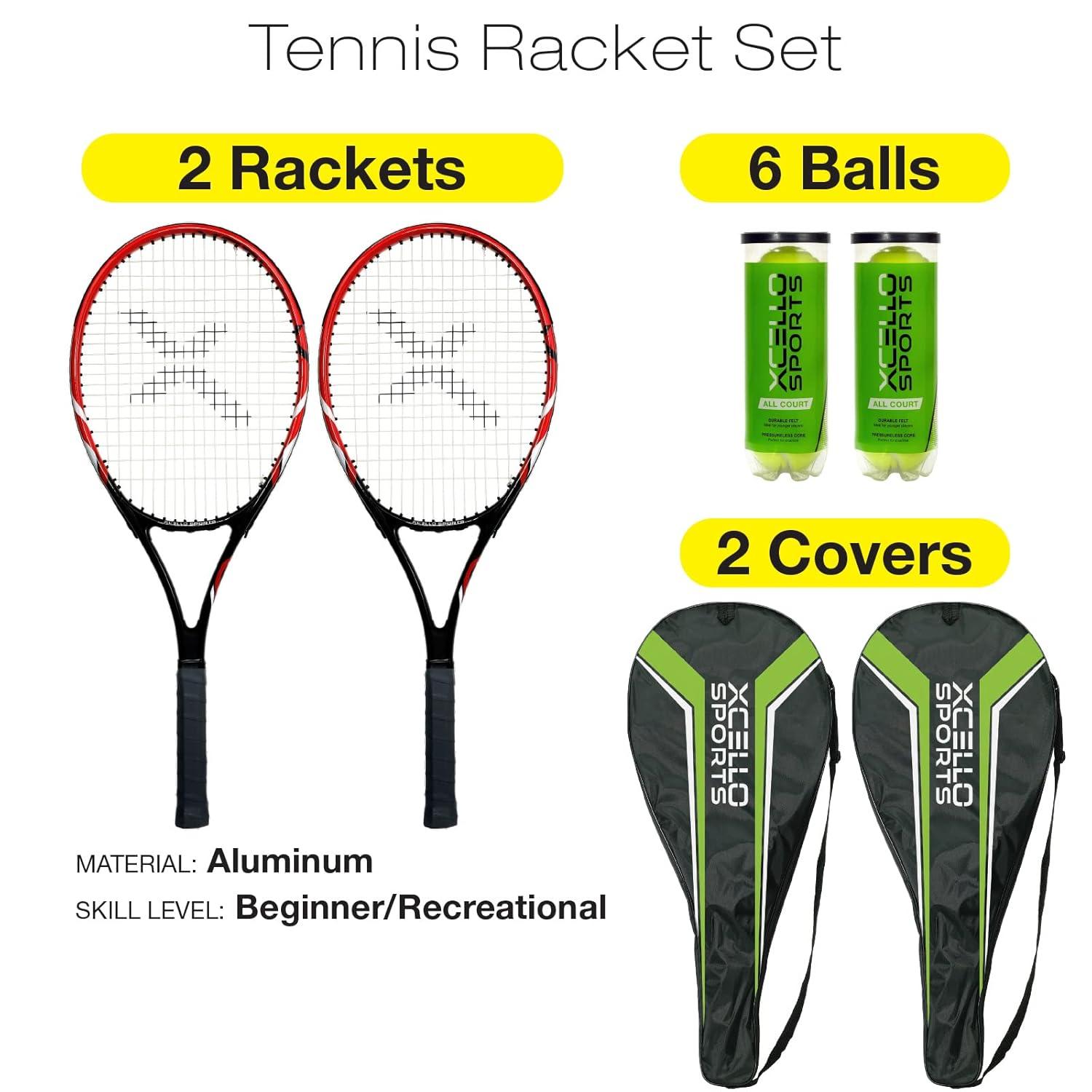 Excello Global Products Xcello Sports Aluminum Racket Set with 2 Tubes of Tennis Balls and 2 Covers