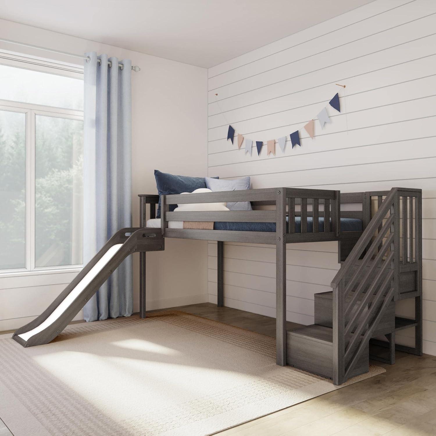 Max & Lily Twin Loft Bed with Stairs, Solid Wood Loft Beds with Ladder for Kids, Clay