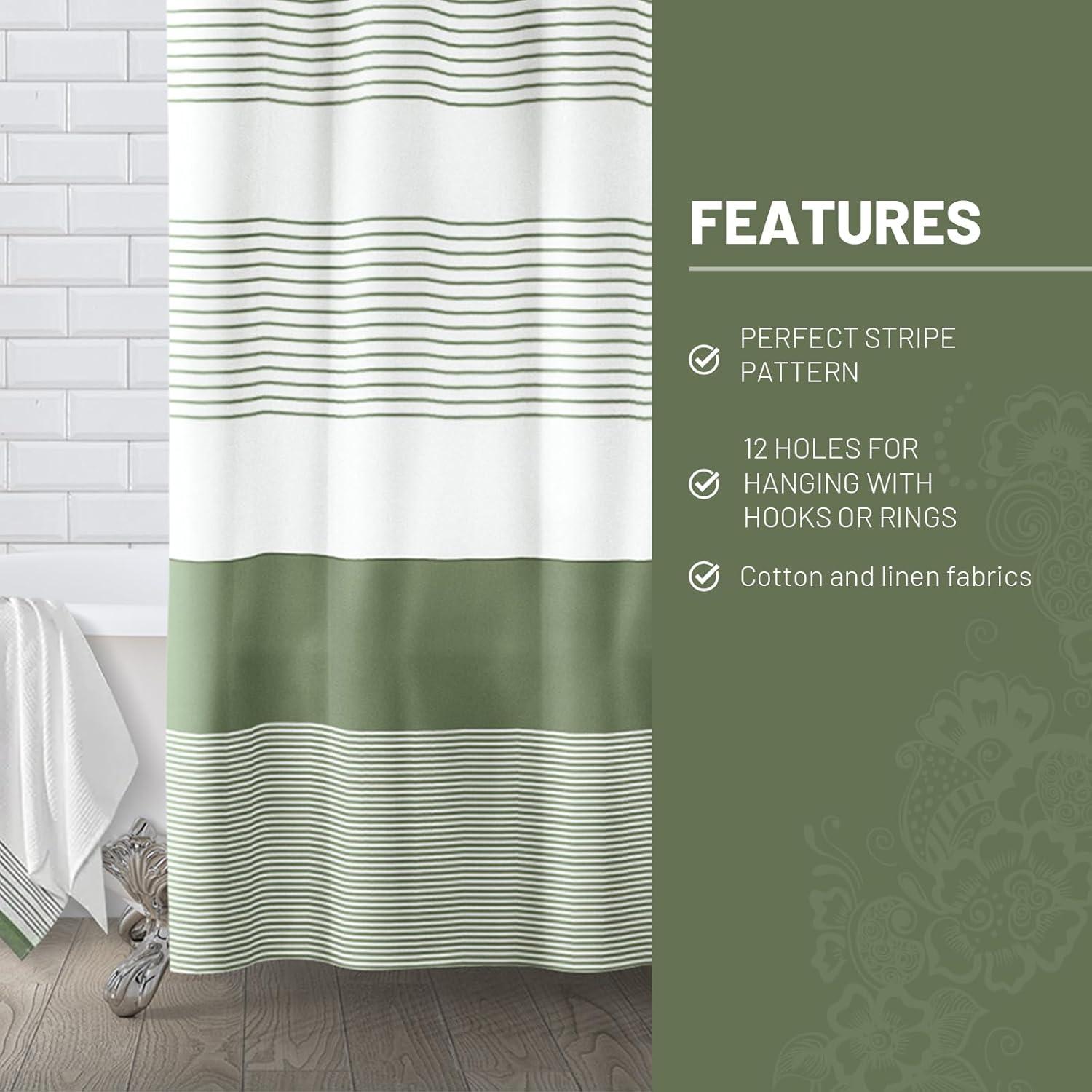 Sage Green and White Striped Boho Shower Curtain with Tassels