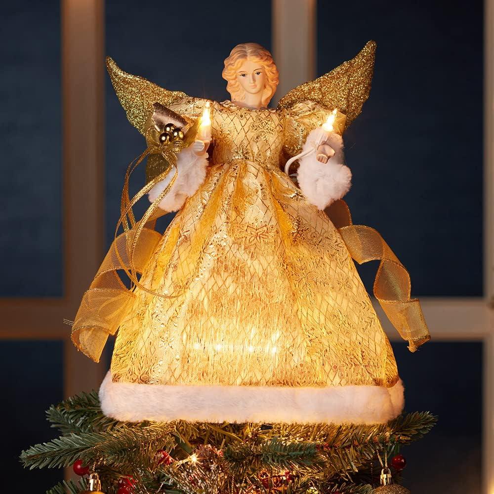 12-Inch Gold Porcelain Angel Tree Topper with Ribbon