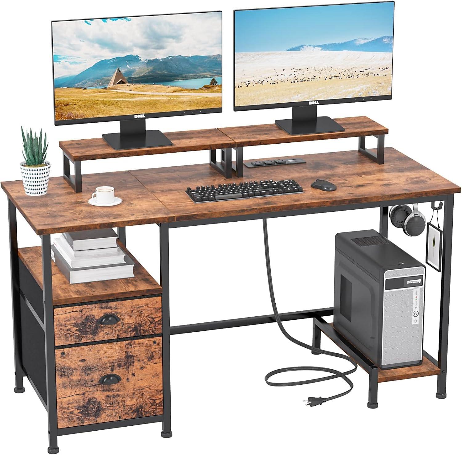 Rustic Brown Computer Desk with Drawer and Power Outlets