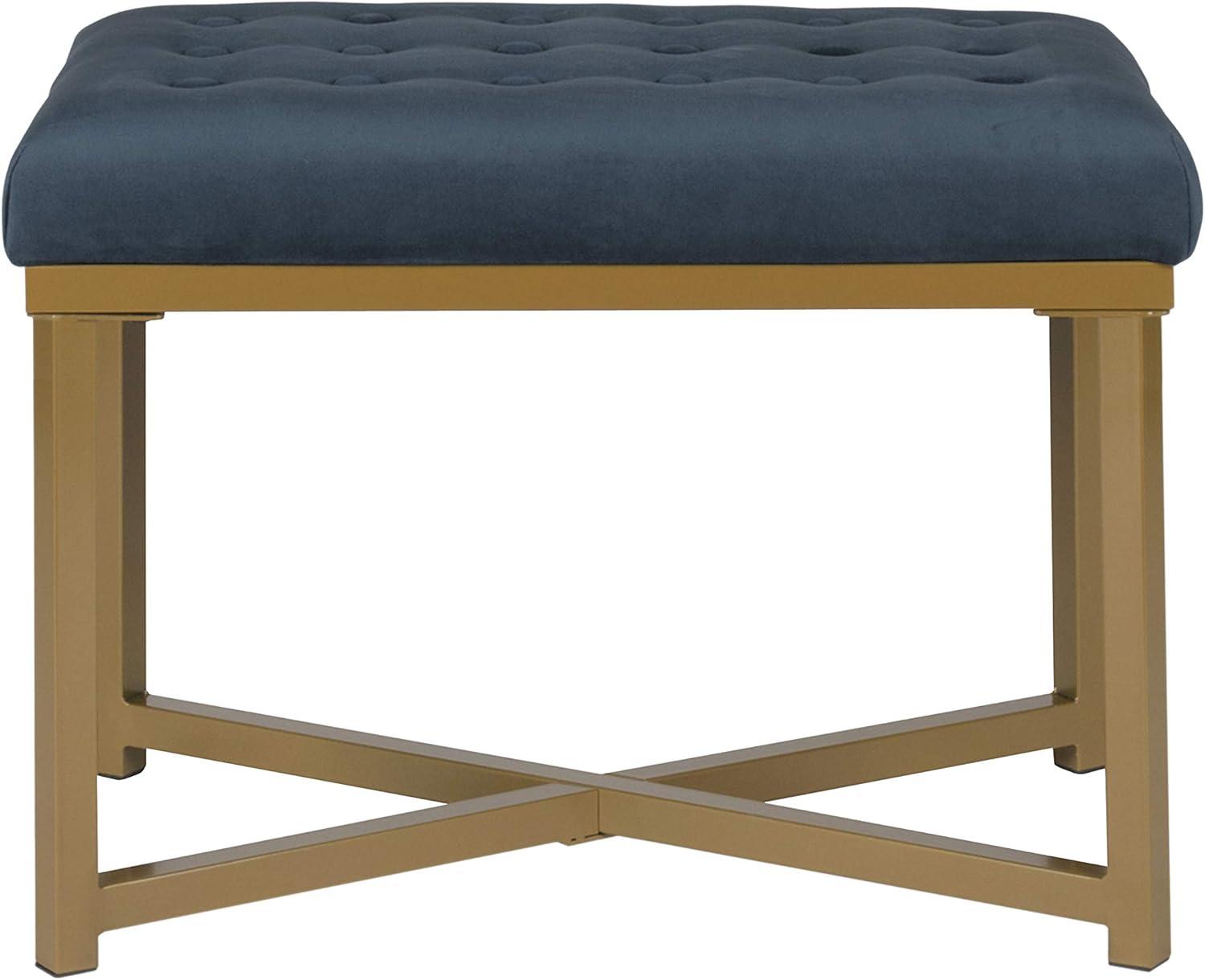 Blue Tufted Velvet Ottoman Bench with Gold Metal Base