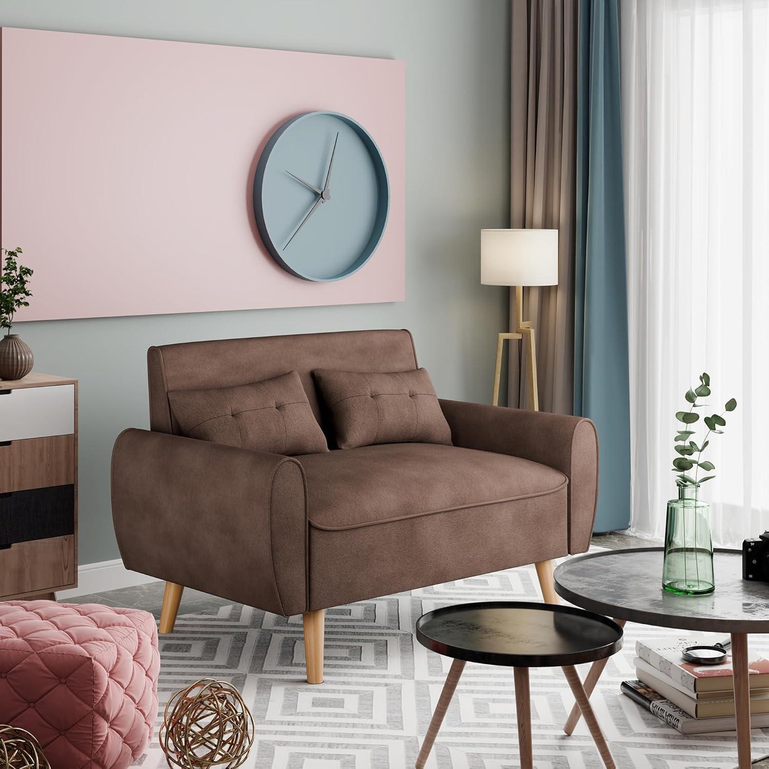 47" Black Tufted Linen Loveseat with Wood Legs