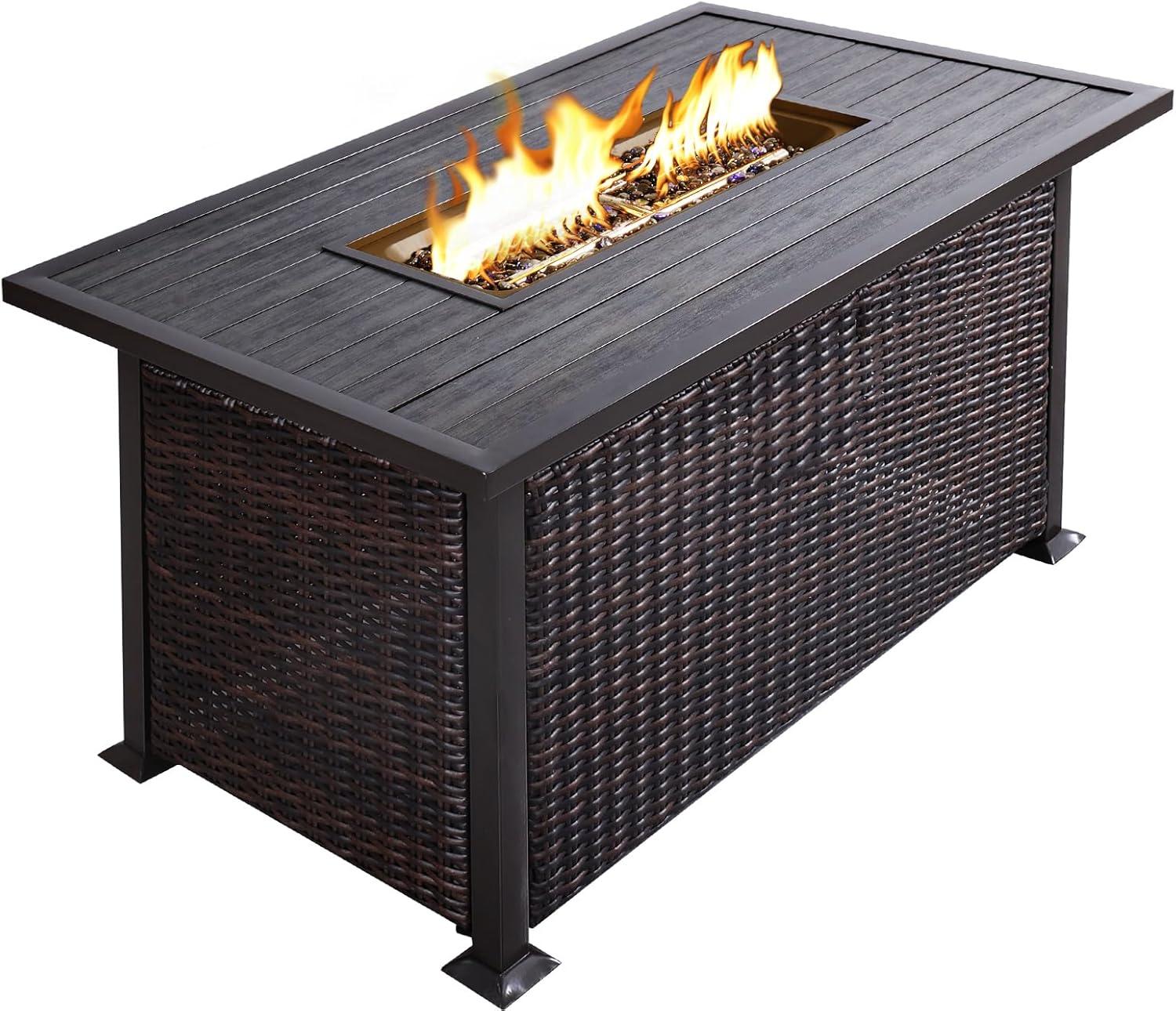 Brown Rectangular Gas Fire Pit Table with Wicker Design