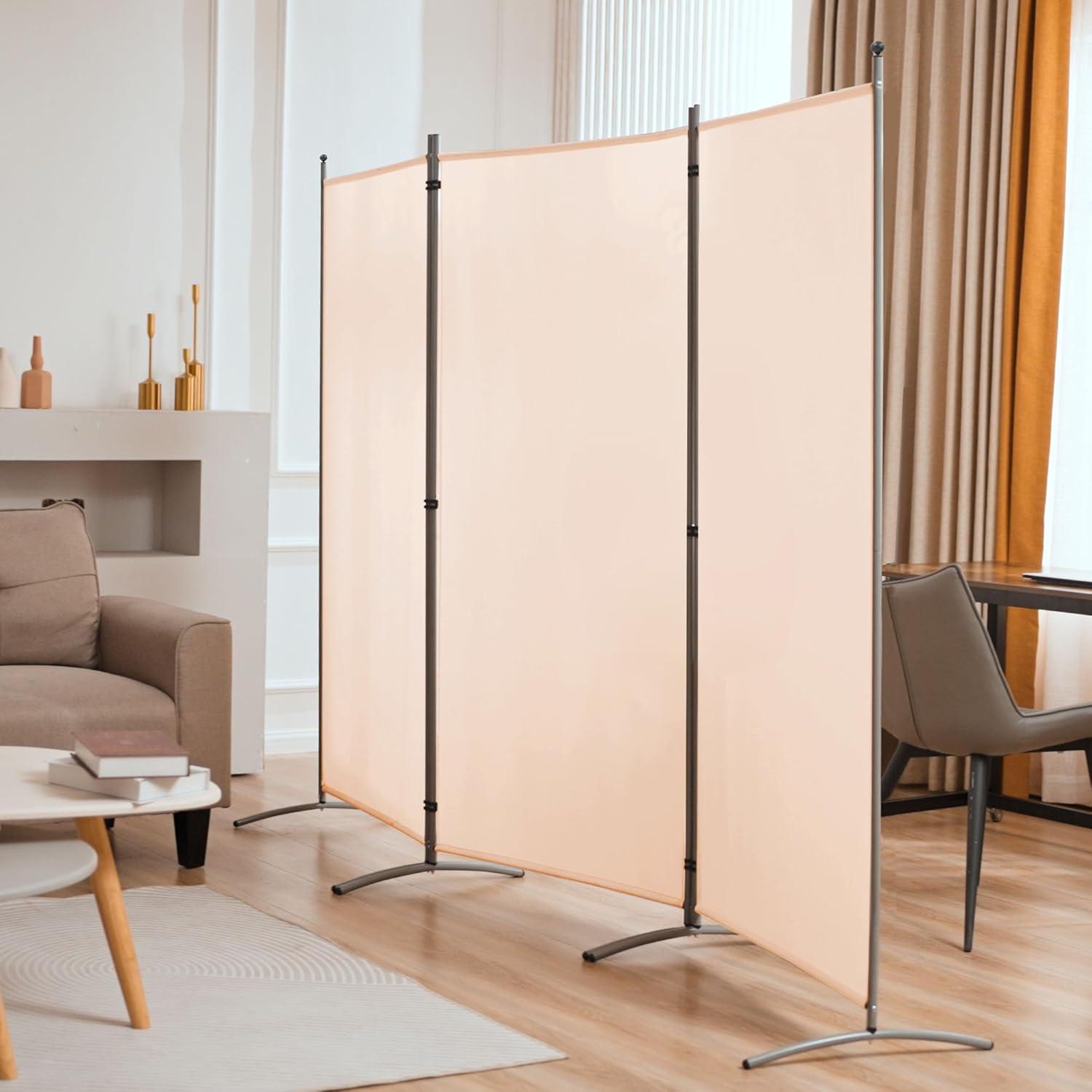 Beige 3-Panel Folding Fabric Room Divider with Metal Frame