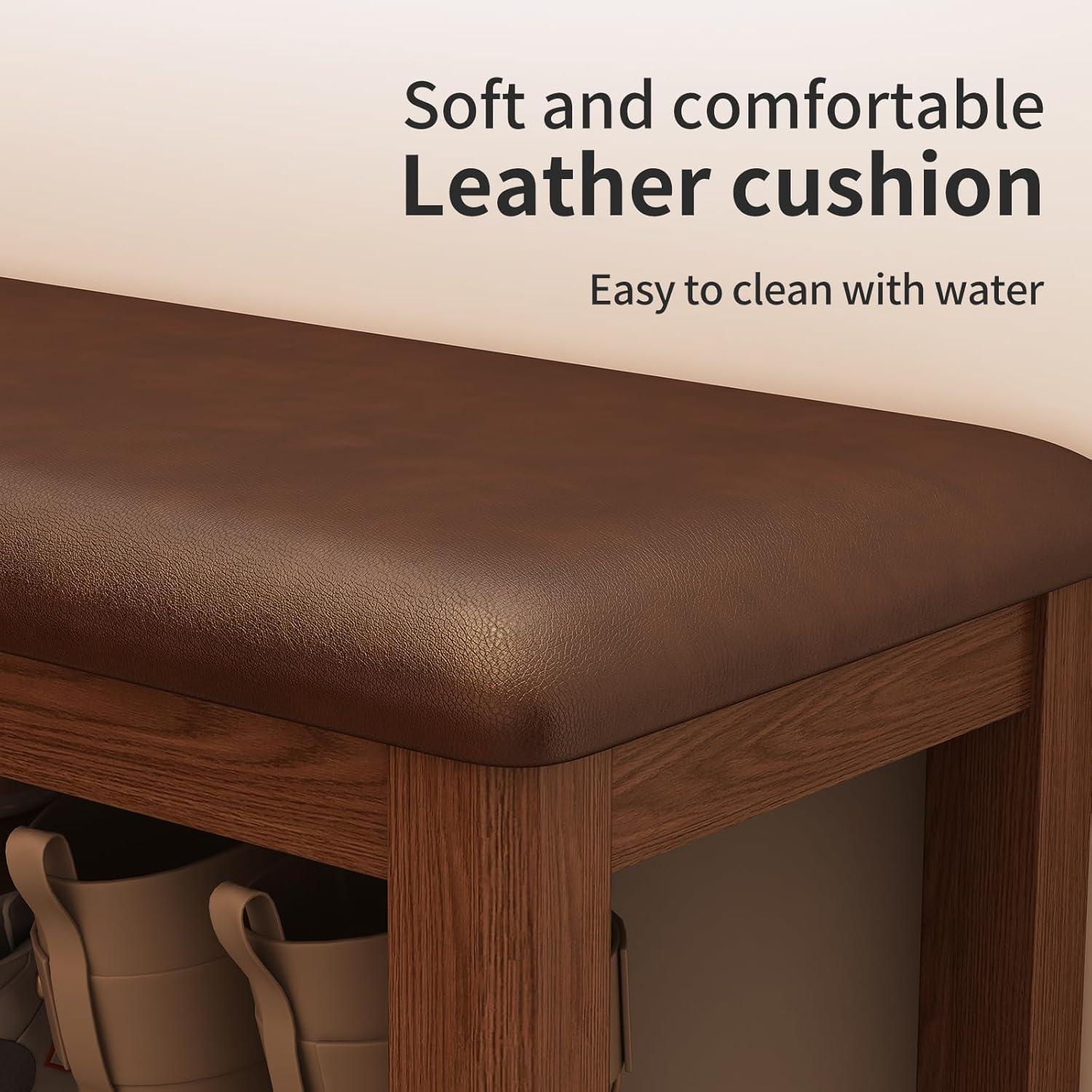Shoe Bench with Leather Cushion, 3 Tiers Shoe Storage Bench, Walnut Wood Entryway Bench