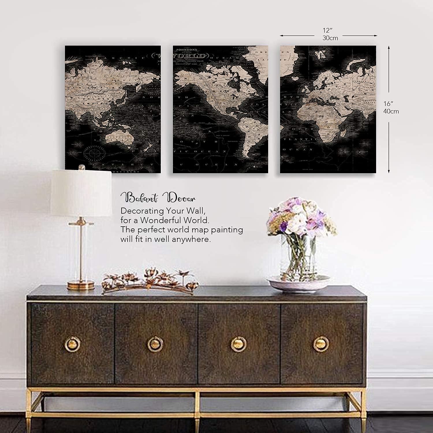 Vintage World Map Canvas Wall Art Retro Map of The World Canvas Prints Framed and Stretched for Living Room Ready to Hang 12x16 3 Piece