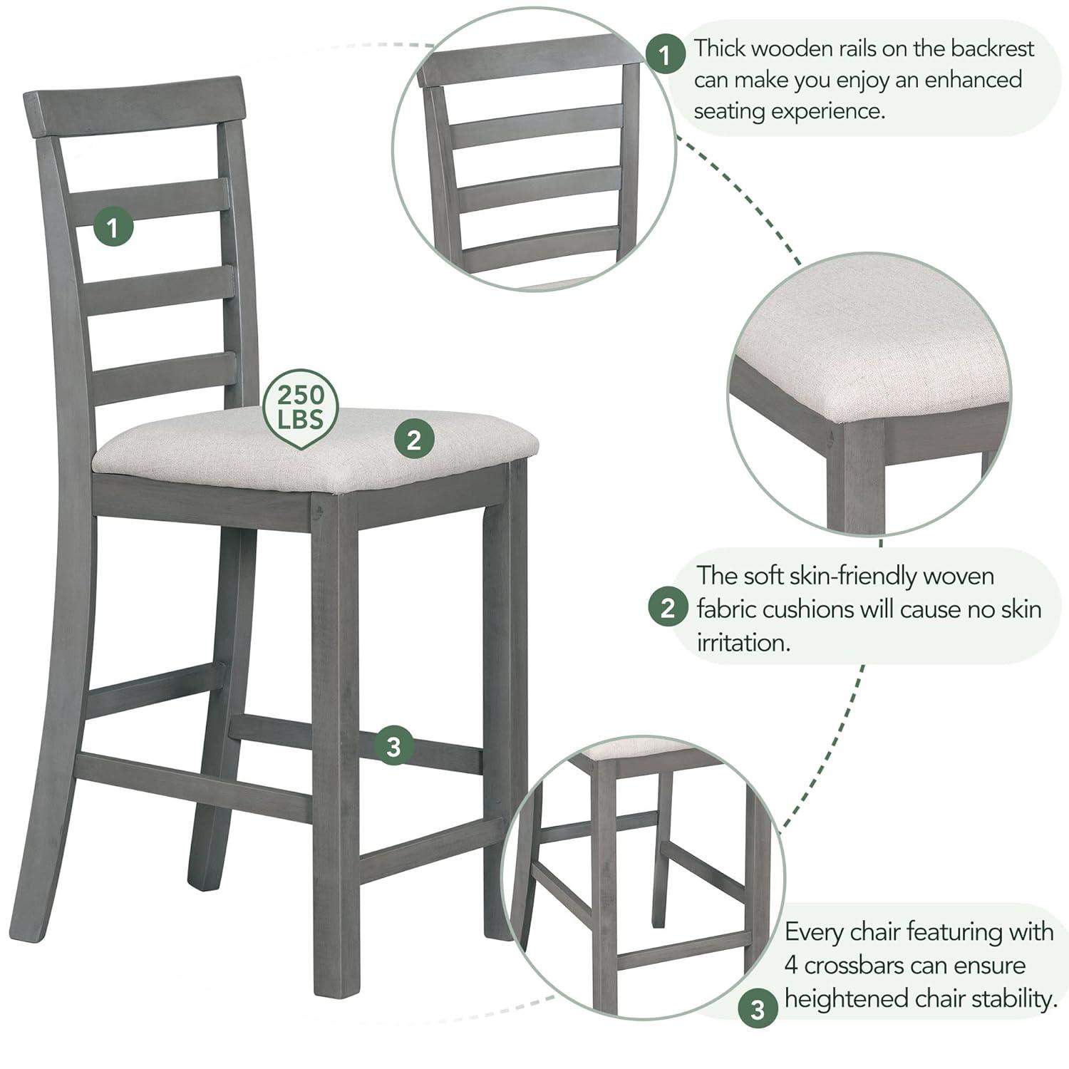 5-Piece Multi-Functional Rubber Wood Counter Height Dining Set with Padded Chairs and Integrated 9 Bar Wine Compartment, Wineglass Holders for Dining Room (Gray) 39AAE