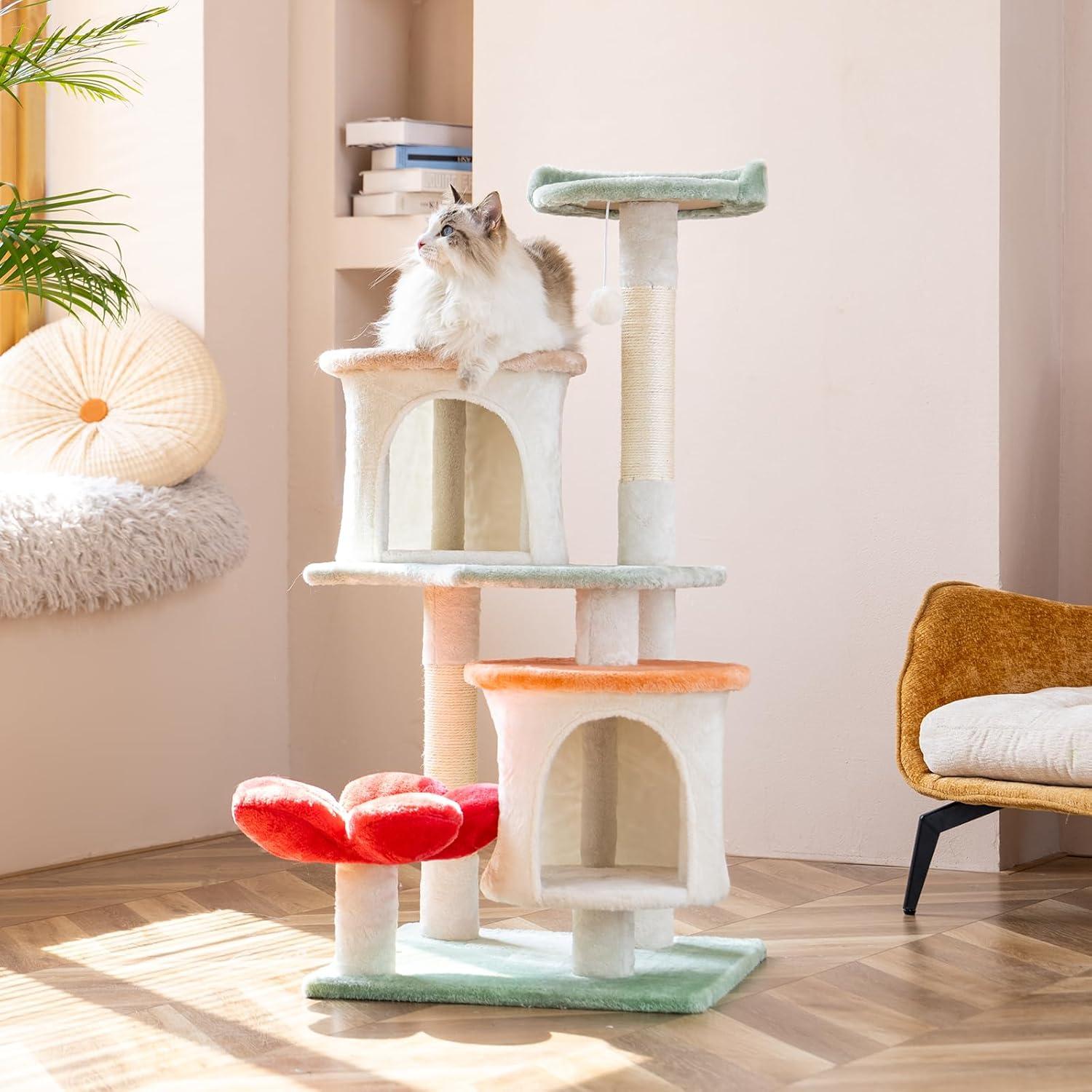 Tucker Murphy Pet™ 42.7In Flower Cat Tree Tower Condo Furniture Apartment Plush Habitat Kitten Amusement Platform With Scratch Posts Toy Ball Pet House Play (Medium 42.7" H)