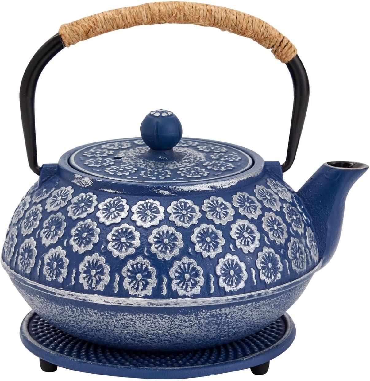 Juvale Set of 6 Blue Cast Iron Floral Teapot Kettle Set, Japanese Tea Pot with Infuser, Trivet & 4 Teacups, 32 oz