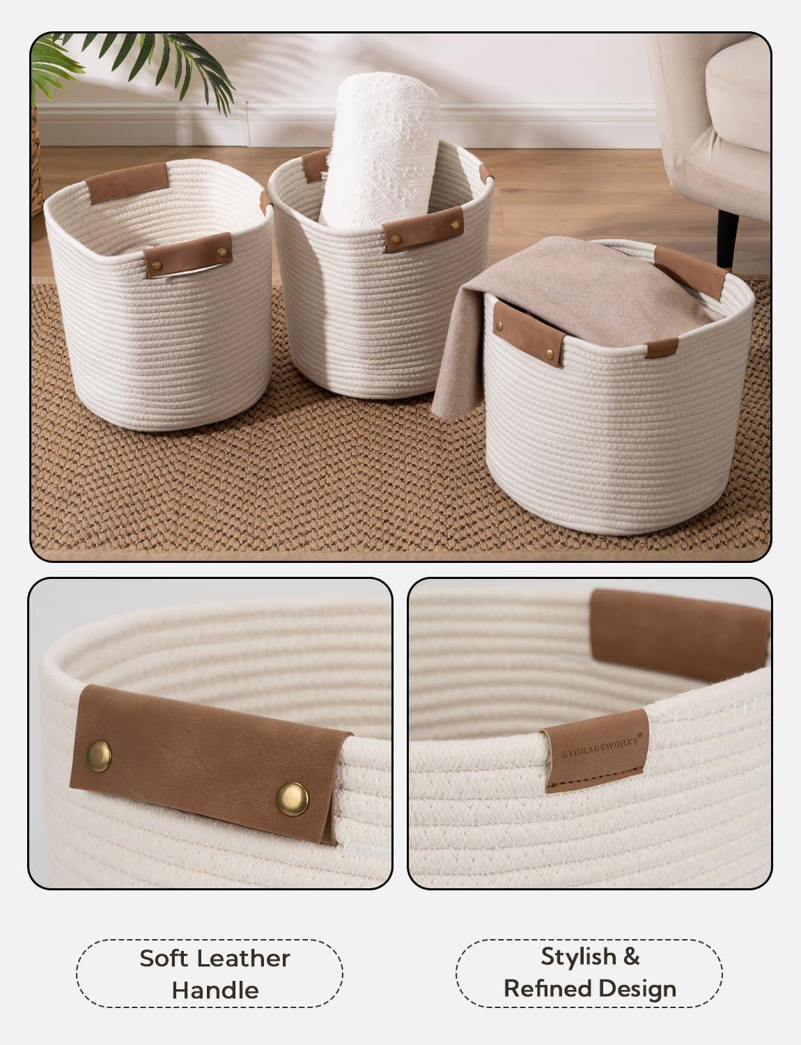 11x11x11 Woven Baskets - 3 Pack, Cotton Rope Baskets with Leather Handles, White - Cube Storage Organizer for Bedroom, Nursery Room, Living Room